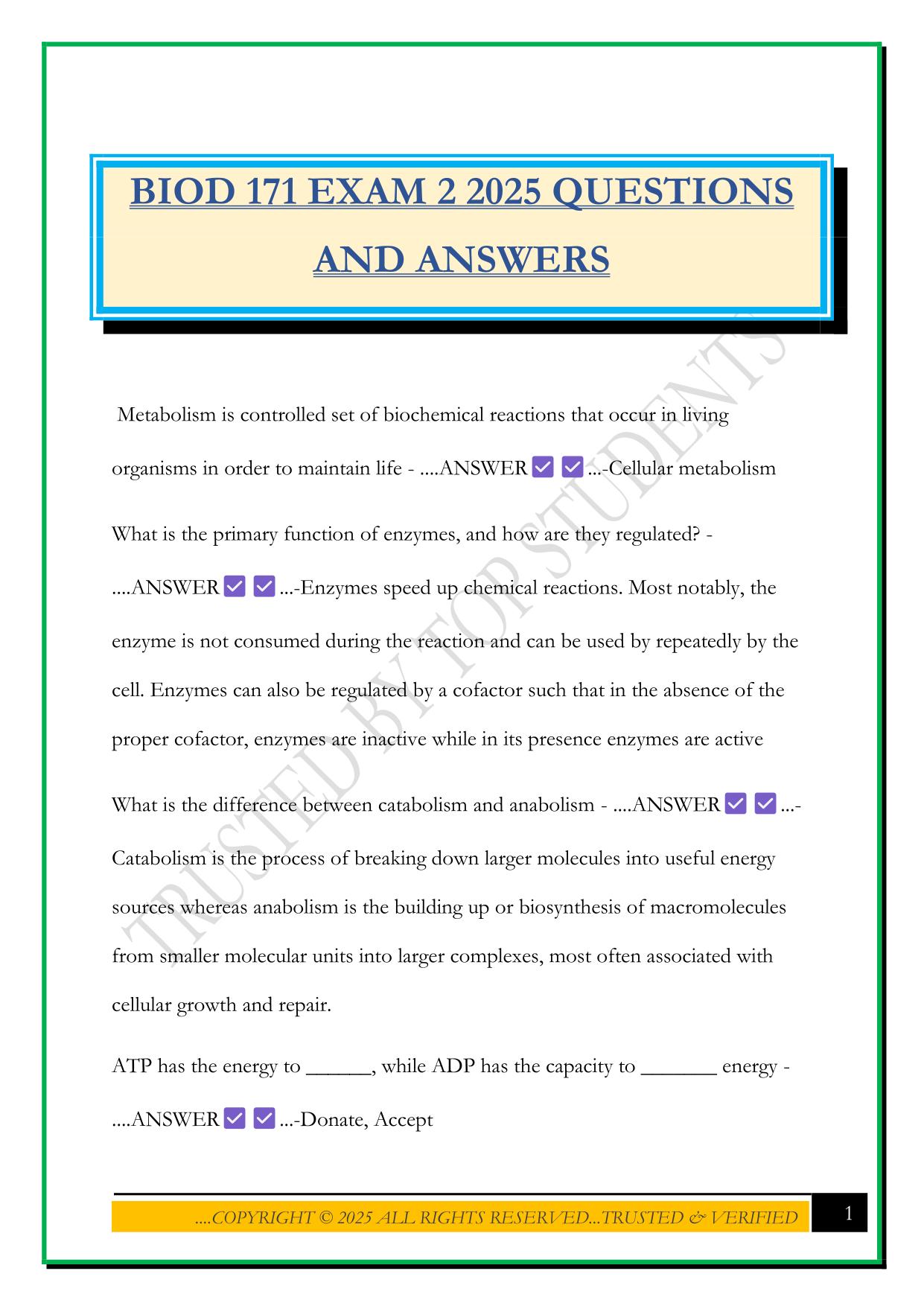 BIOD 171 EXAM 2 2025 QUESTIONS AND ANSWERS