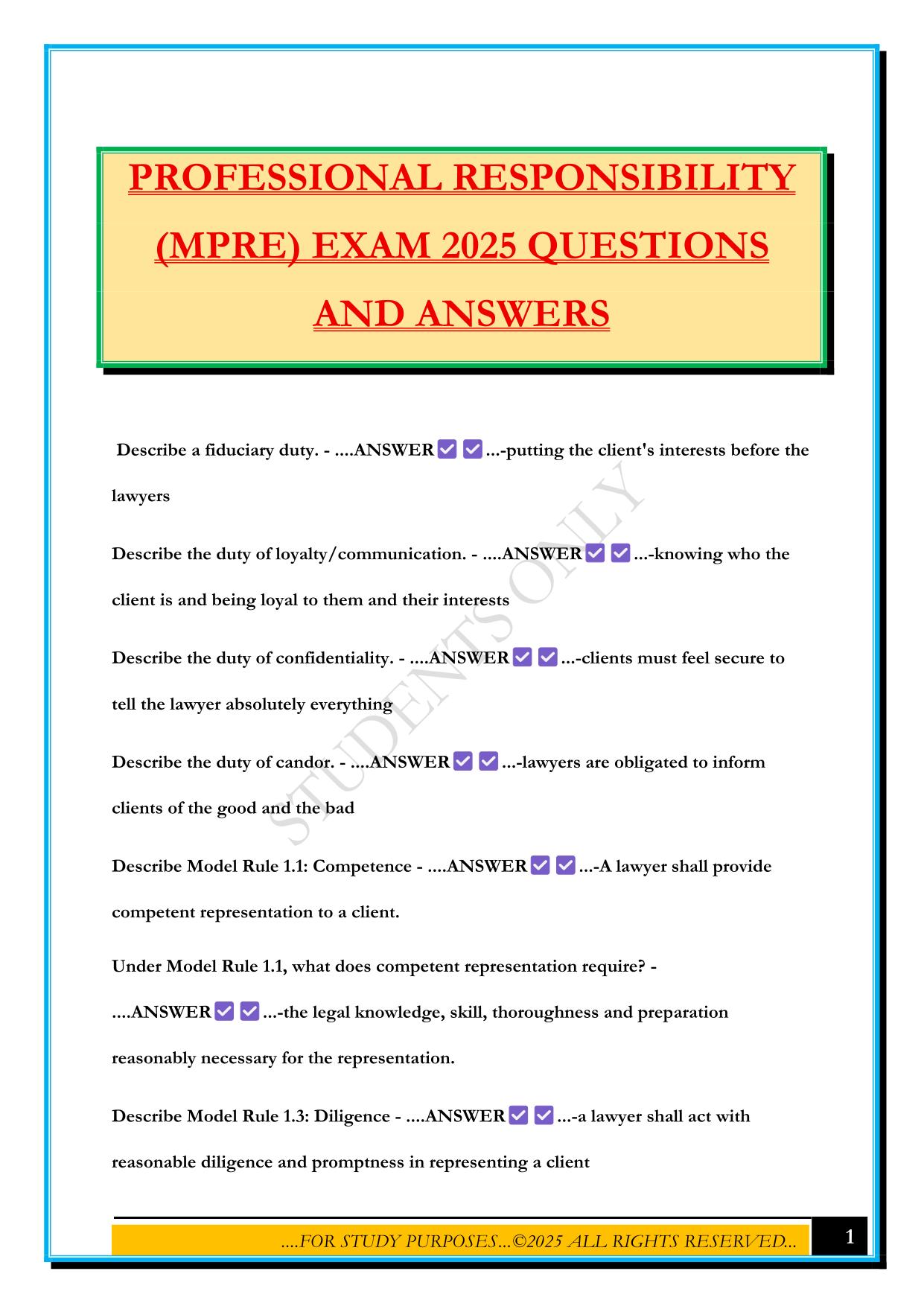 PROFESSIONAL RESPONSIBILITY (MPRE) EXAM 2025 QUESTIONS AND ANSWERS
