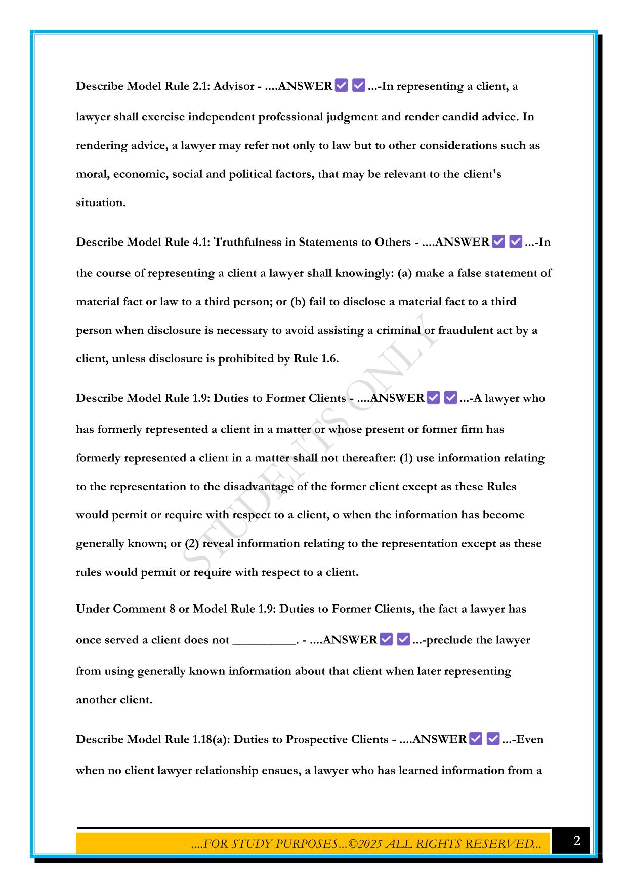PROFESSIONAL RESPONSIBILITY (MPRE) EXAM 2025 QUESTIONS AND ANSWERS
