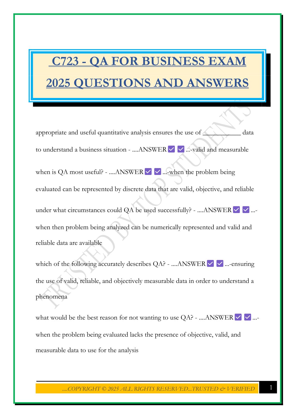C723 - QA FOR BUSINESS EXAM 2025 QUESTIONS AND ANSWERS