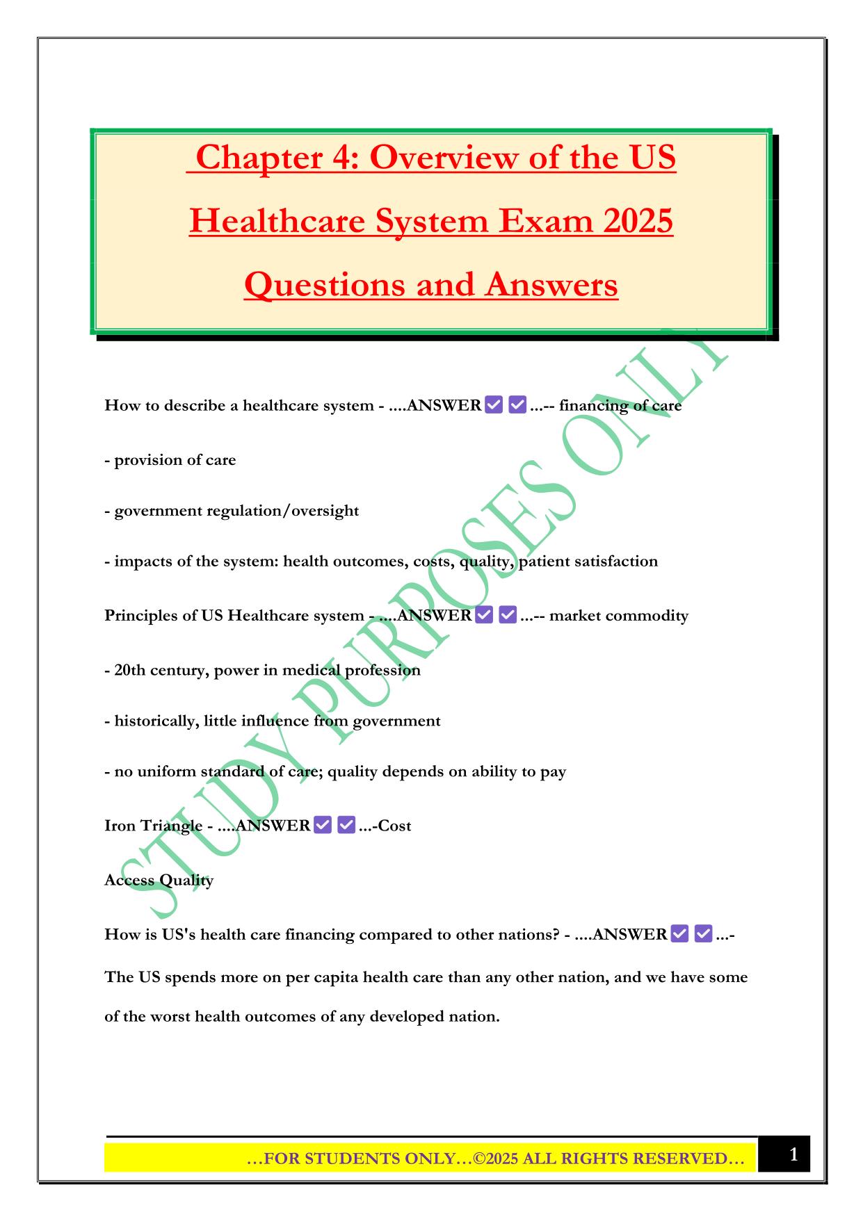 Chapter 4: Overview of the US Healthcare System Exam 2025 Questions and Answers