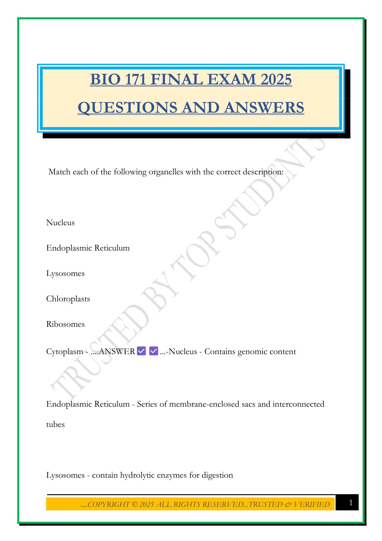 BIO 171 FINAL EXAM 2025 QUESTIONS AND ANSWERS