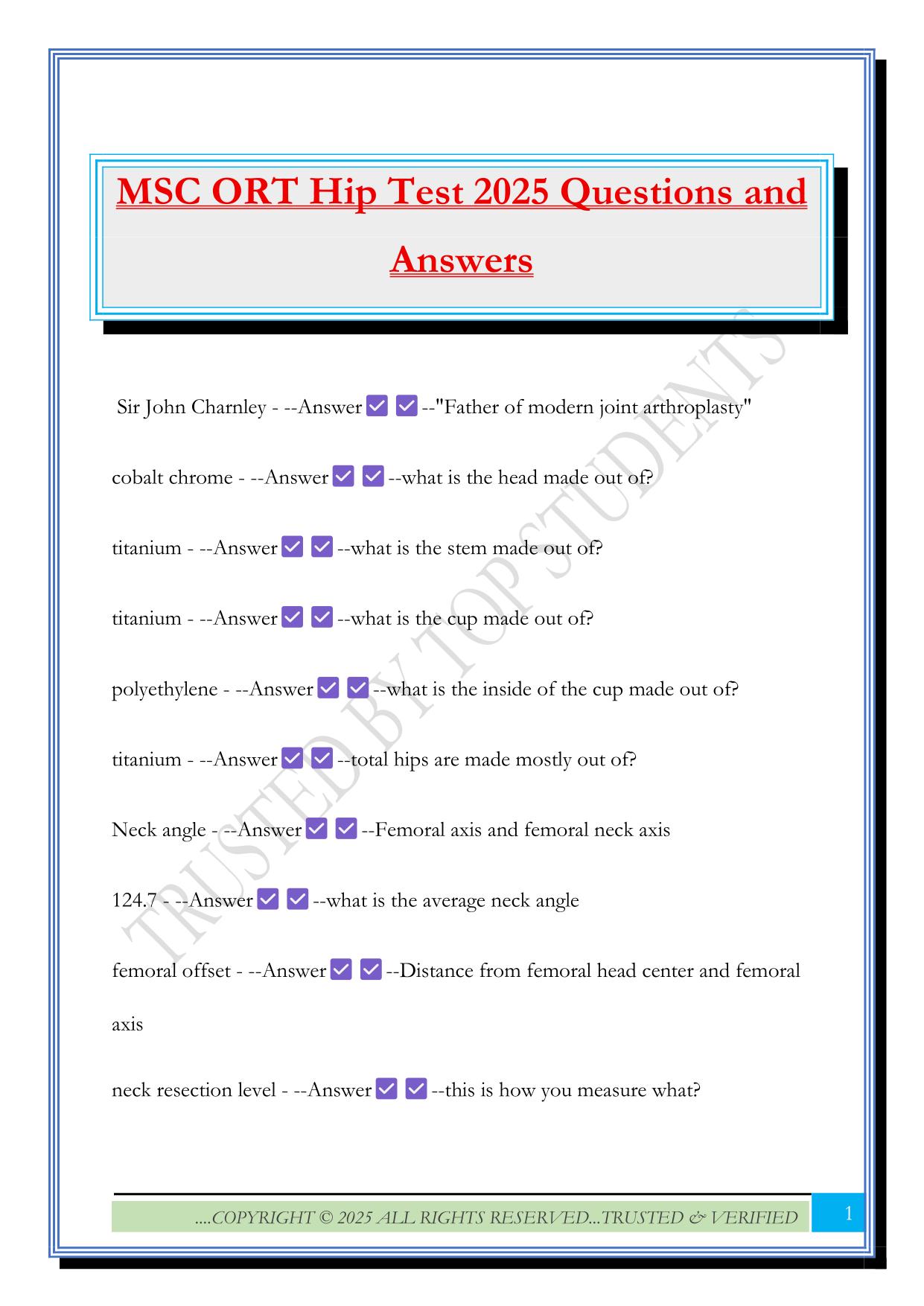 MSC ORT Hip Test 2025 Questions and Answers