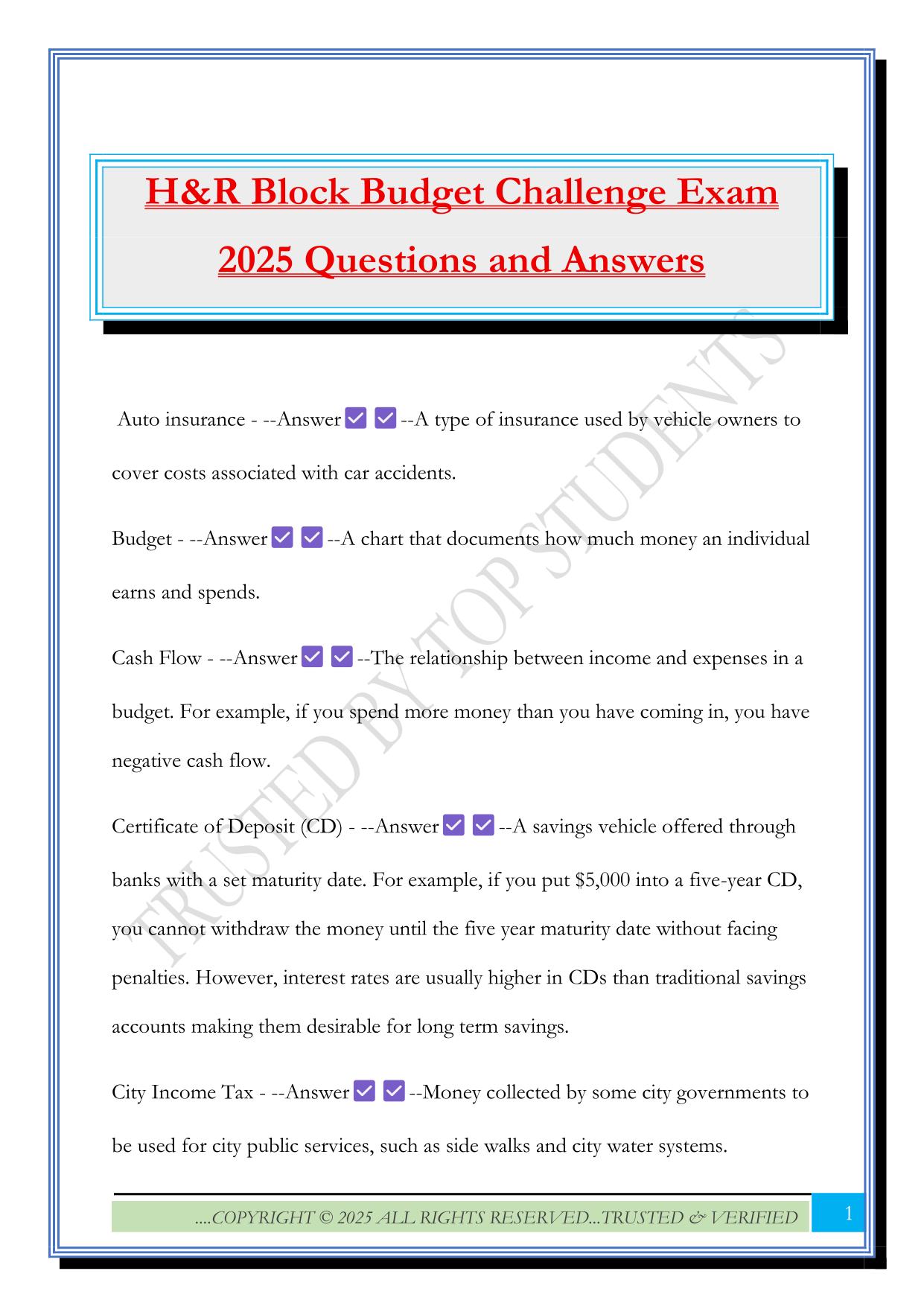 H&R Block Budget Challenge Exam 2025 Questions and Answers