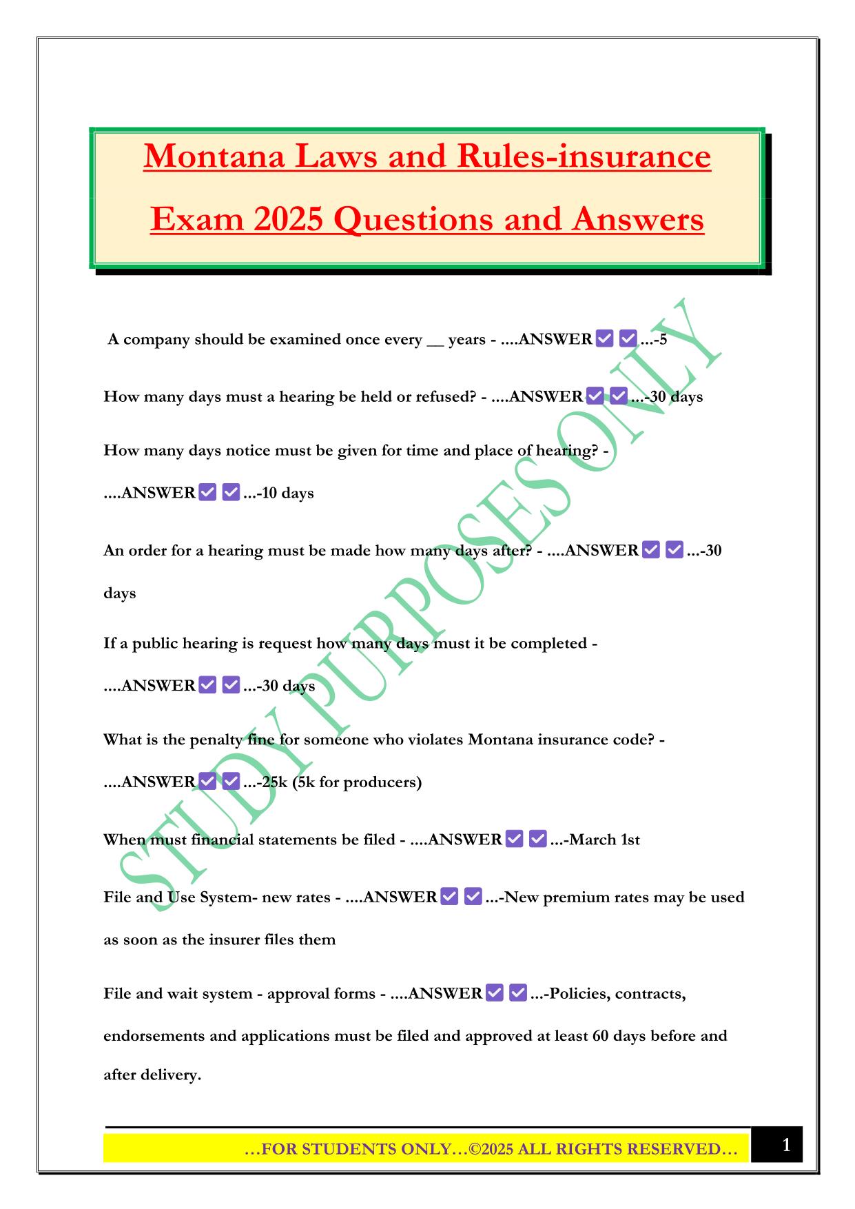 Montana Laws and Rules-insurance Exam 2025 Questions and Answers