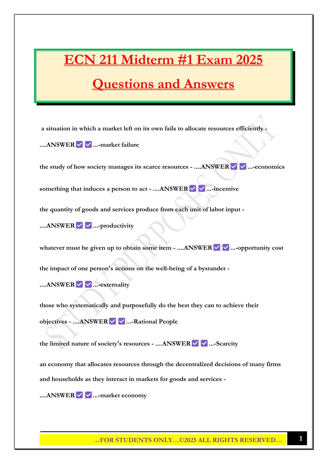 ECN 211 Midterm #1 Exam 2025 Questions and Answers