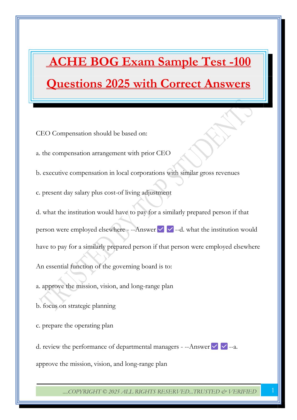 ACHE BOG Exam Sample Test -100 Questions 2025 with Correct Answers