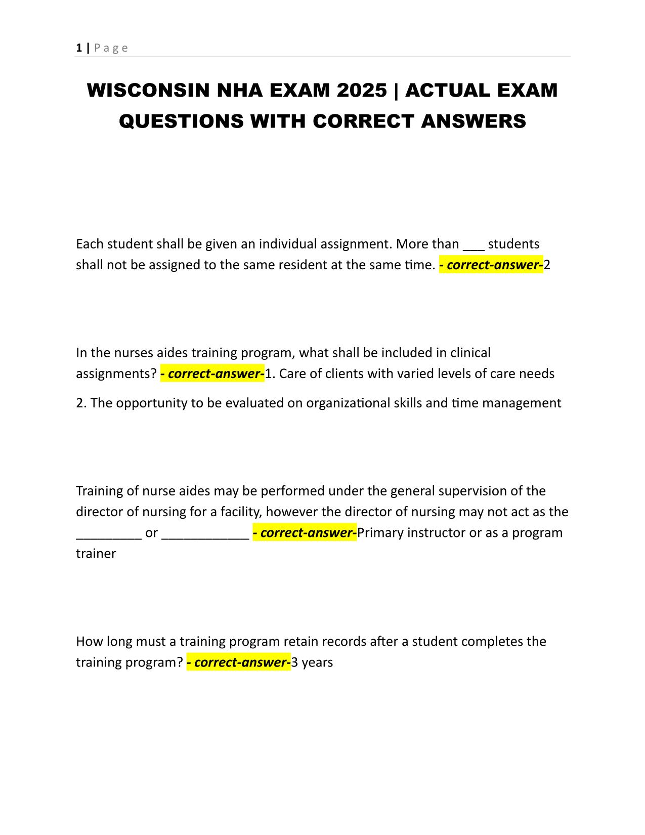 WISCONSIN NHA EXAM 2025 | ACTUAL EXAM QUESTIONS WITH CORRECT ANSWERS