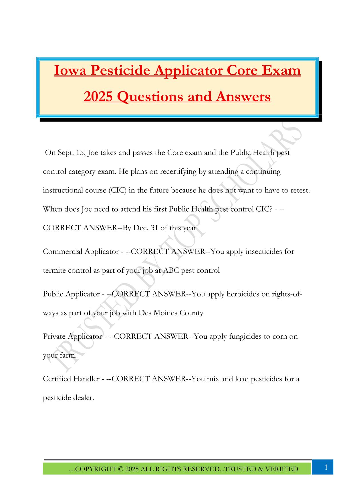 Iowa Pesticide Applicator Core Exam 2025 Questions and Answers