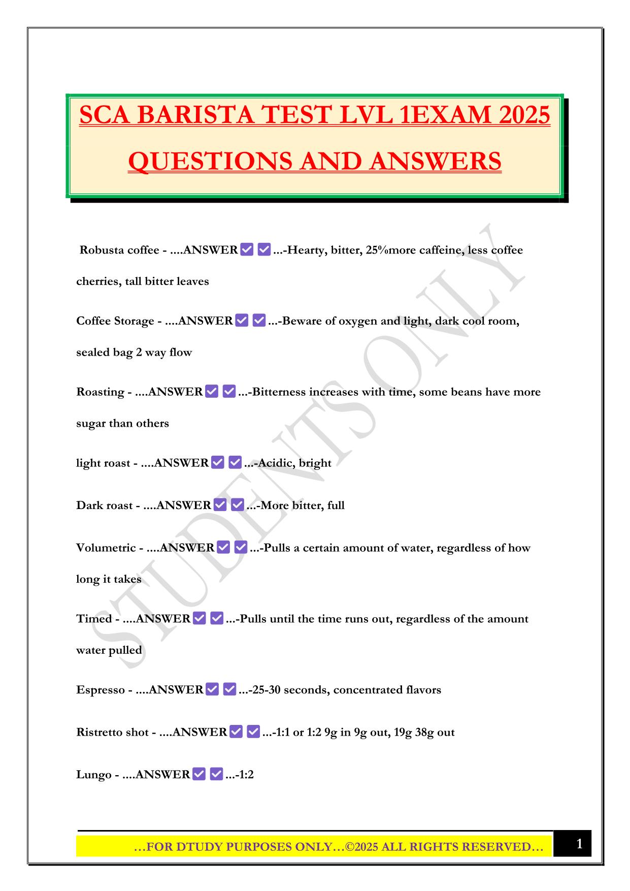 SCA BARISTA TEST LVL 1EXAM 2025 QUESTIONS AND ANSWERS