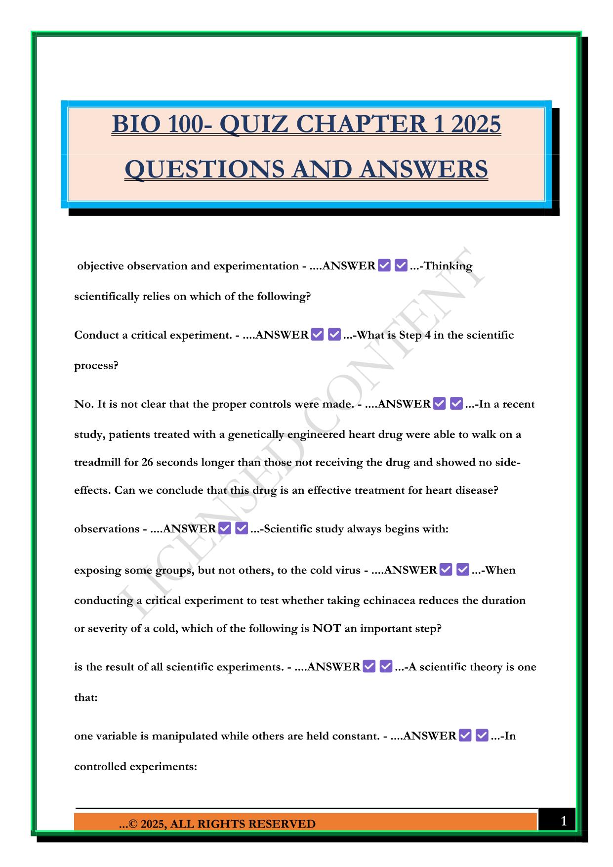 BIO 100- QUIZ CHAPTER 1 2025 QUESTIONS AND ANSWERS