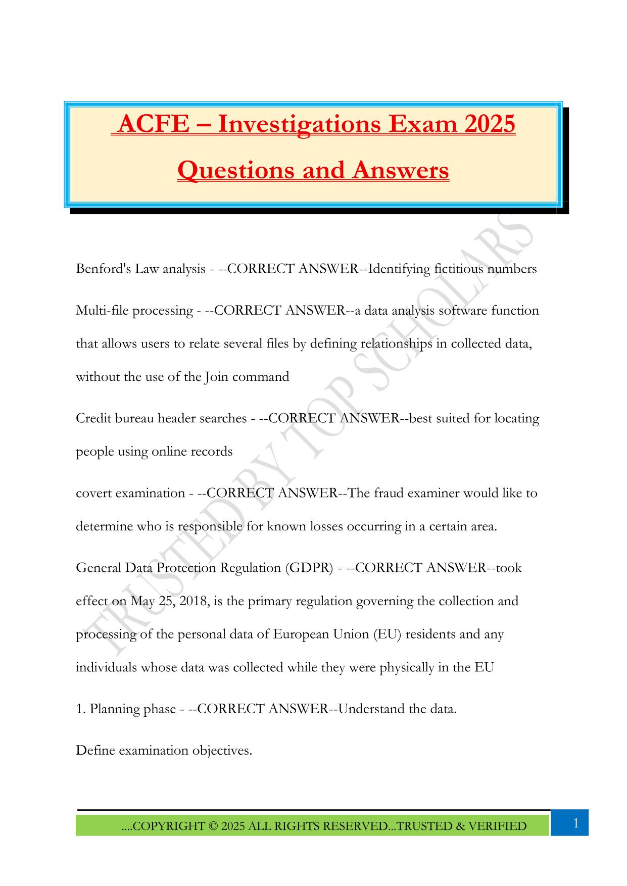 ACFE – Investigations Exam 2025 Questions and Answers