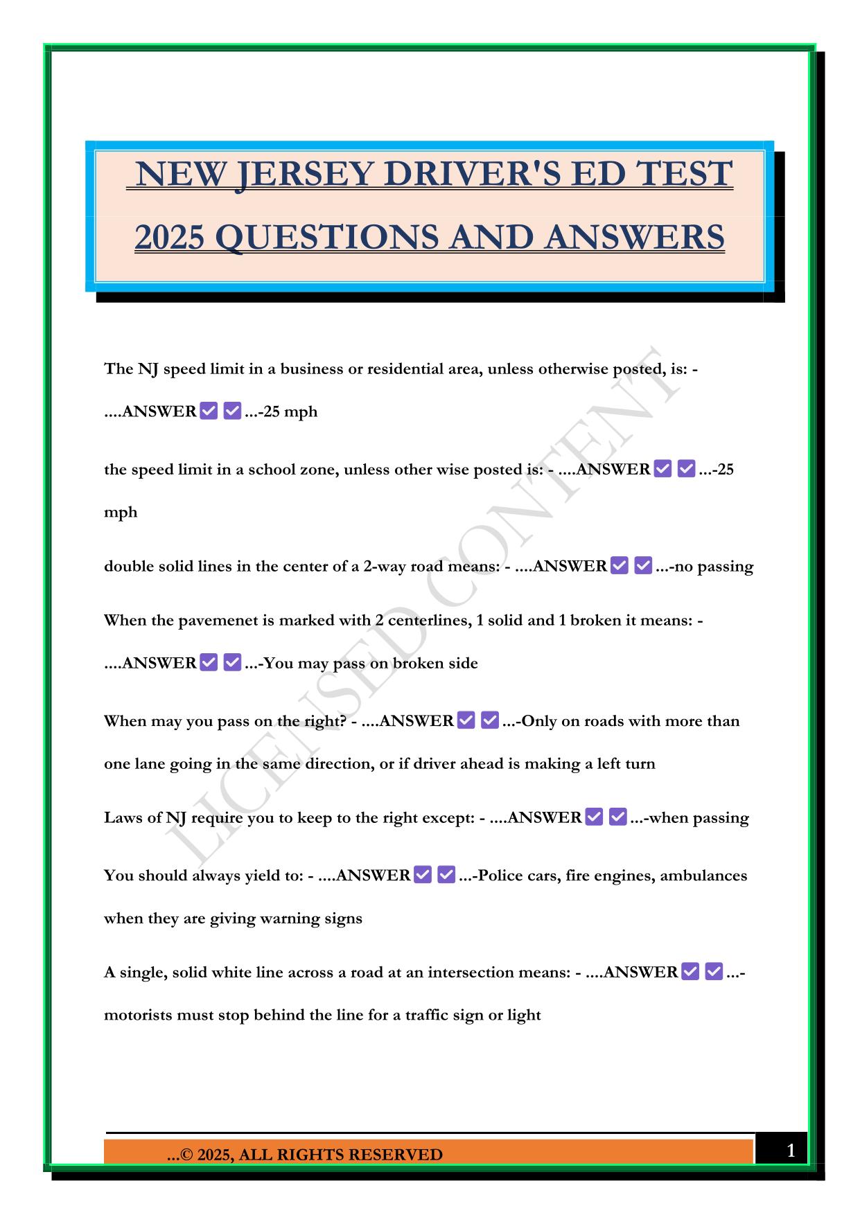 NEW JERSEY DRIVER'S ED TEST 2025 QUESTIONS AND ANSWERS