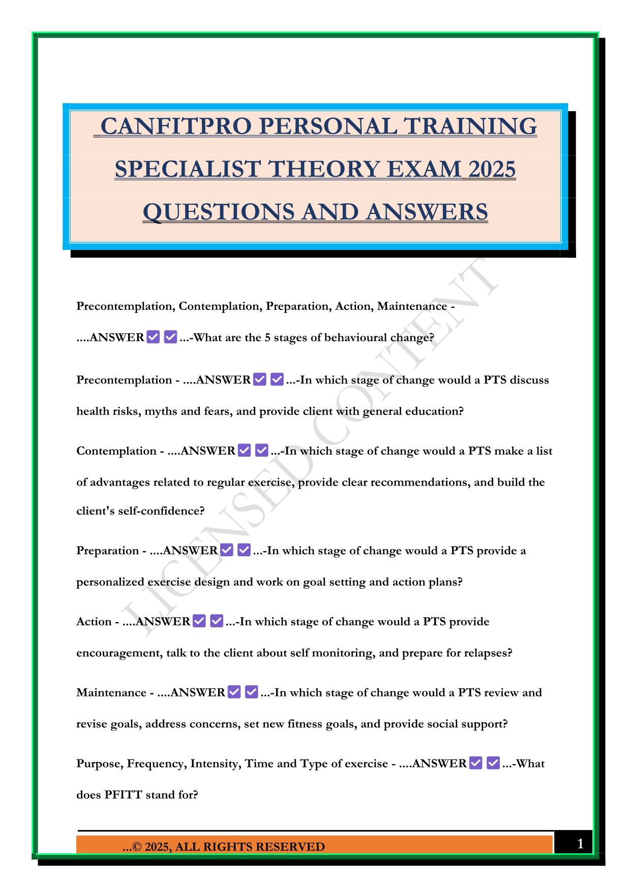 CANFITPRO PERSONAL TRAINING SPECIALIST THEORY EXAM 2025 QUESTIONS AND ANSWERS