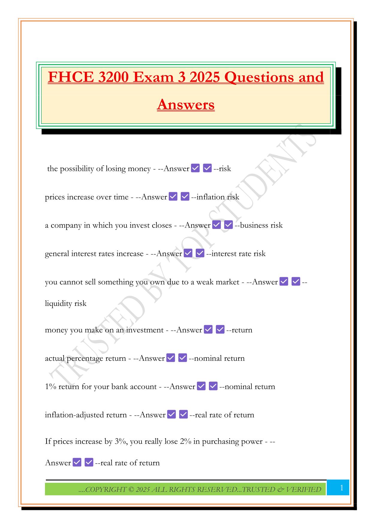 FHCE 3200 Exam 3 2025 Questions and Answers