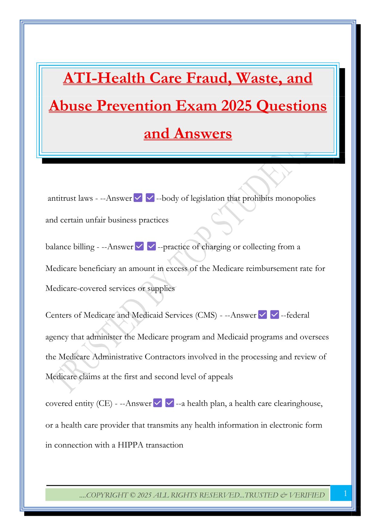 ATI-Health Care Fraud, Waste, and Abuse Prevention Exam 2025 Questions and Answers