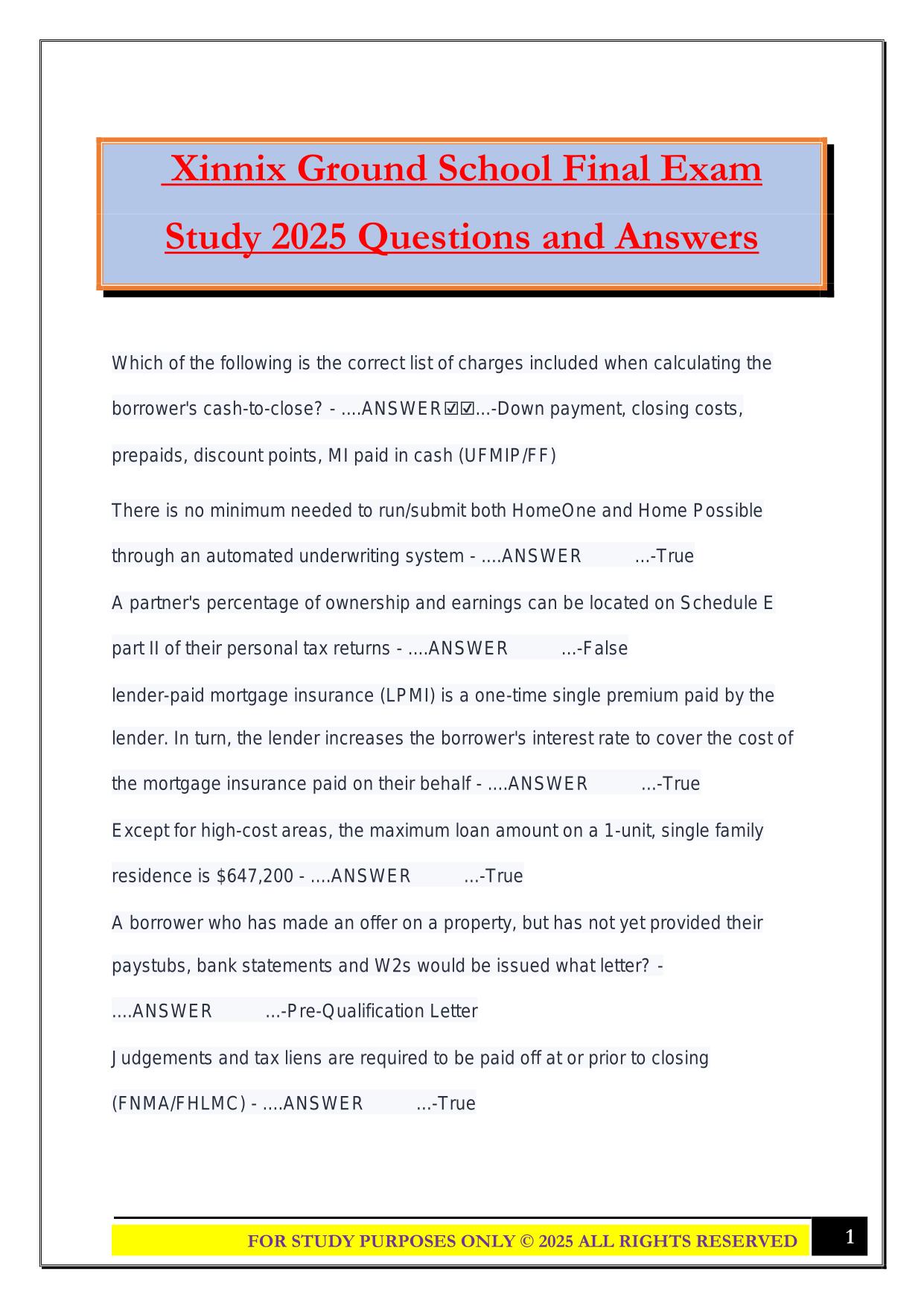 Xinnix Ground School Final Exam Study 2025 Questions and Answers