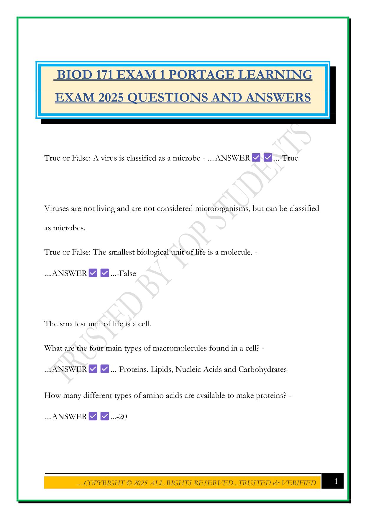 BIOD 171 EXAM 1 PORTAGE LEARNING EXAM 2025 QUESTIONS AND ANSWERS