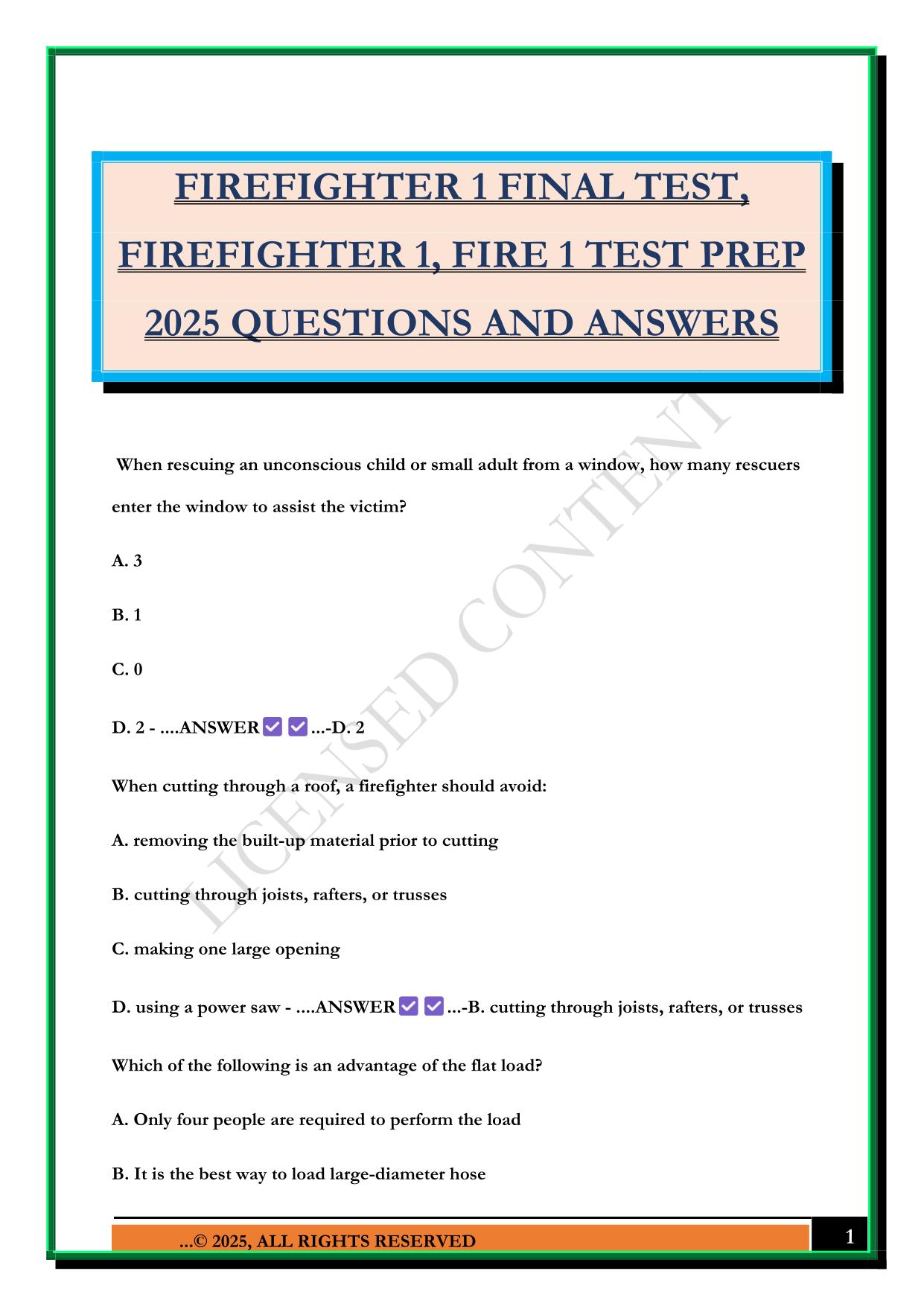 FIREFIGHTER 1 FINAL TEST, FIREFIGHTER 1, FIRE 1 TEST PREP 2025 QUESTIONS AND ANSWERS