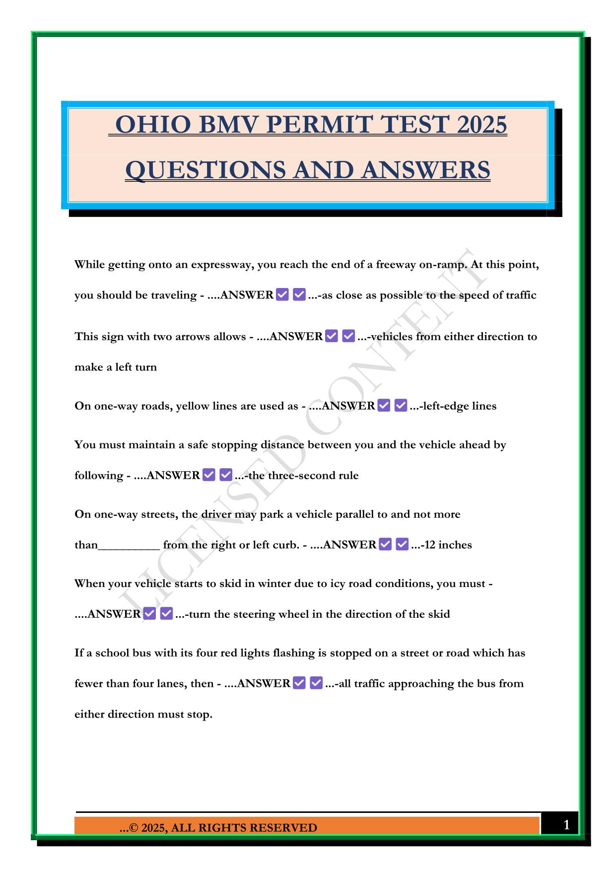 OHIO BMV PERMIT TEST 2025 QUESTIONS AND ANSWERS
