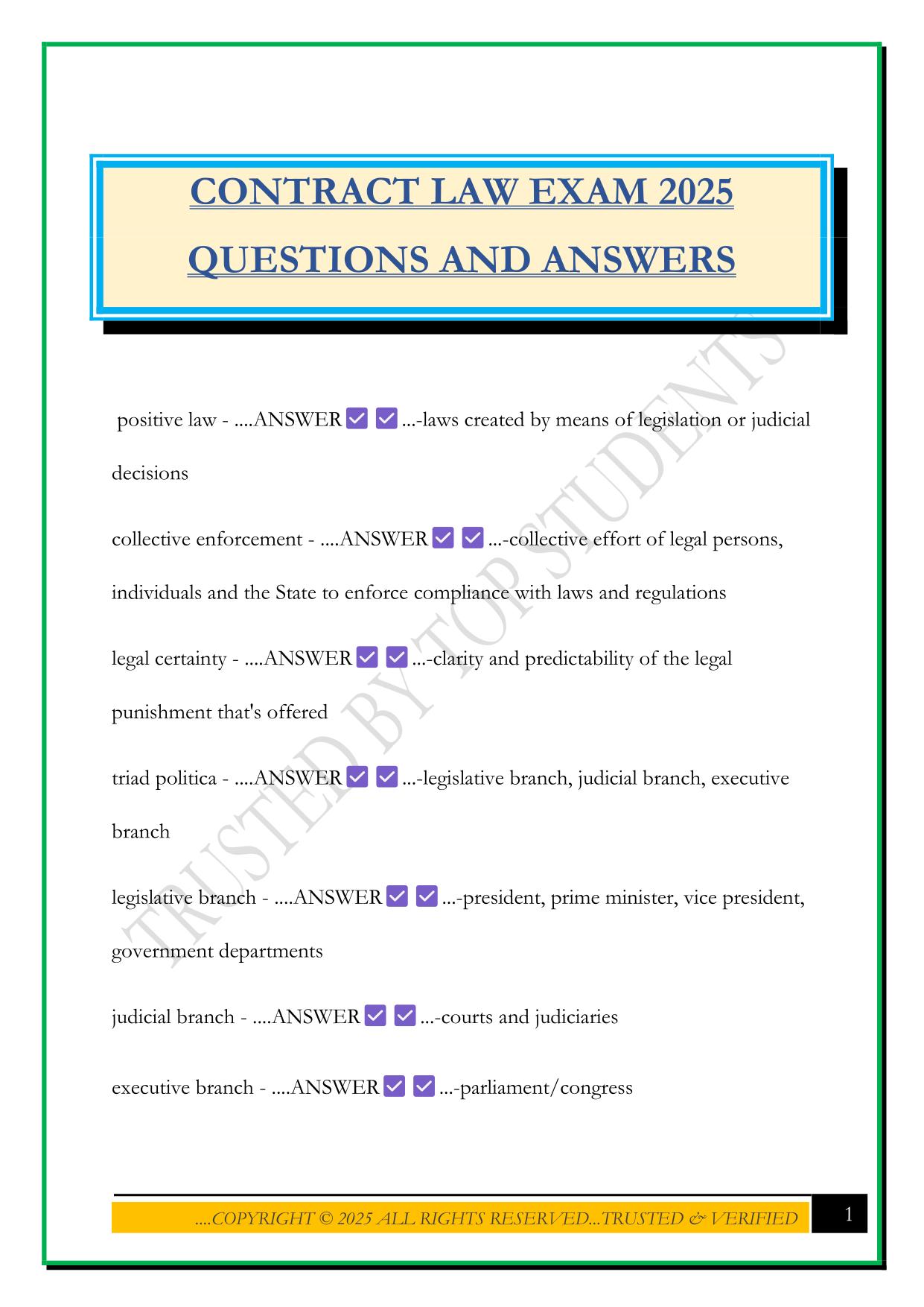 CONTRACT LAW EXAM 2025 QUESTIONS AND ANSWERS