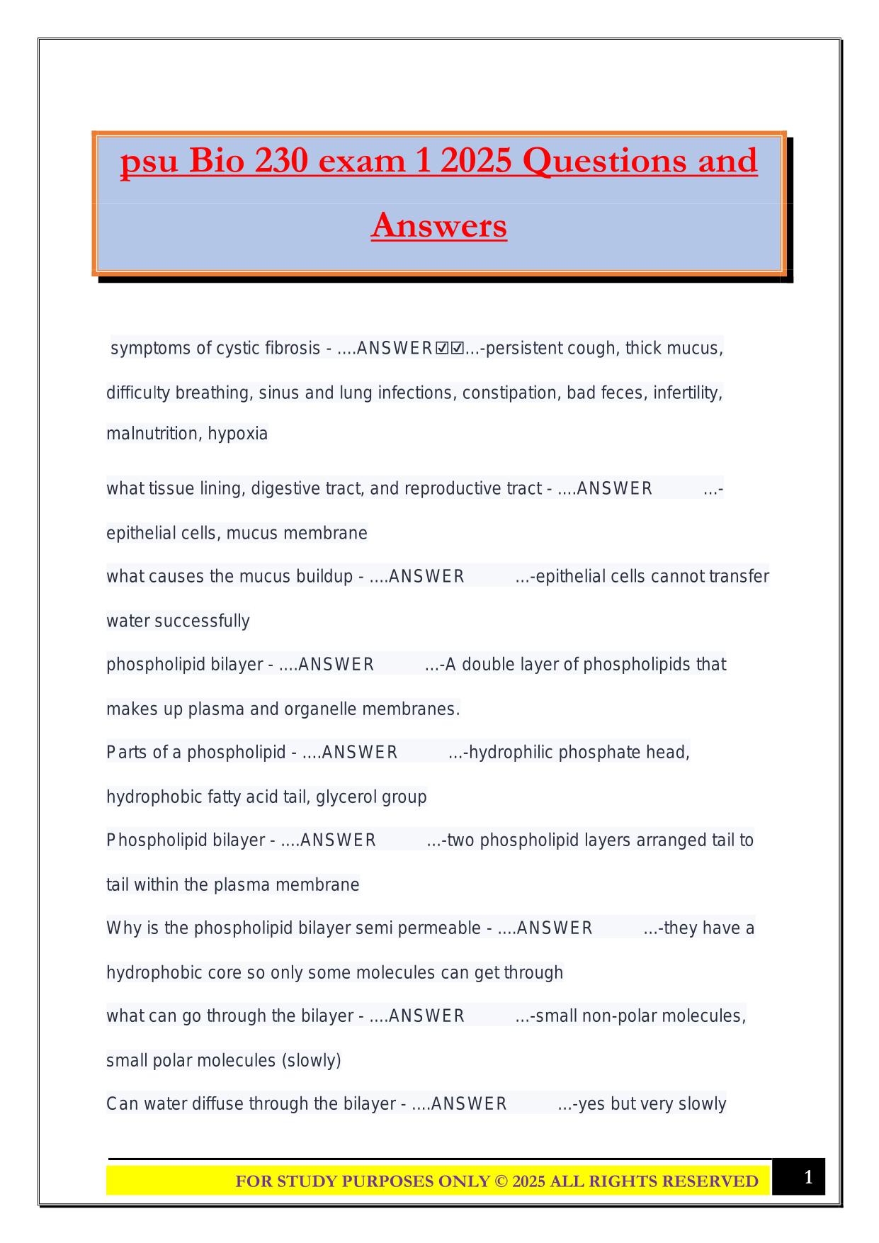 psu Bio 230 exam 1 2025 Questions and Answers