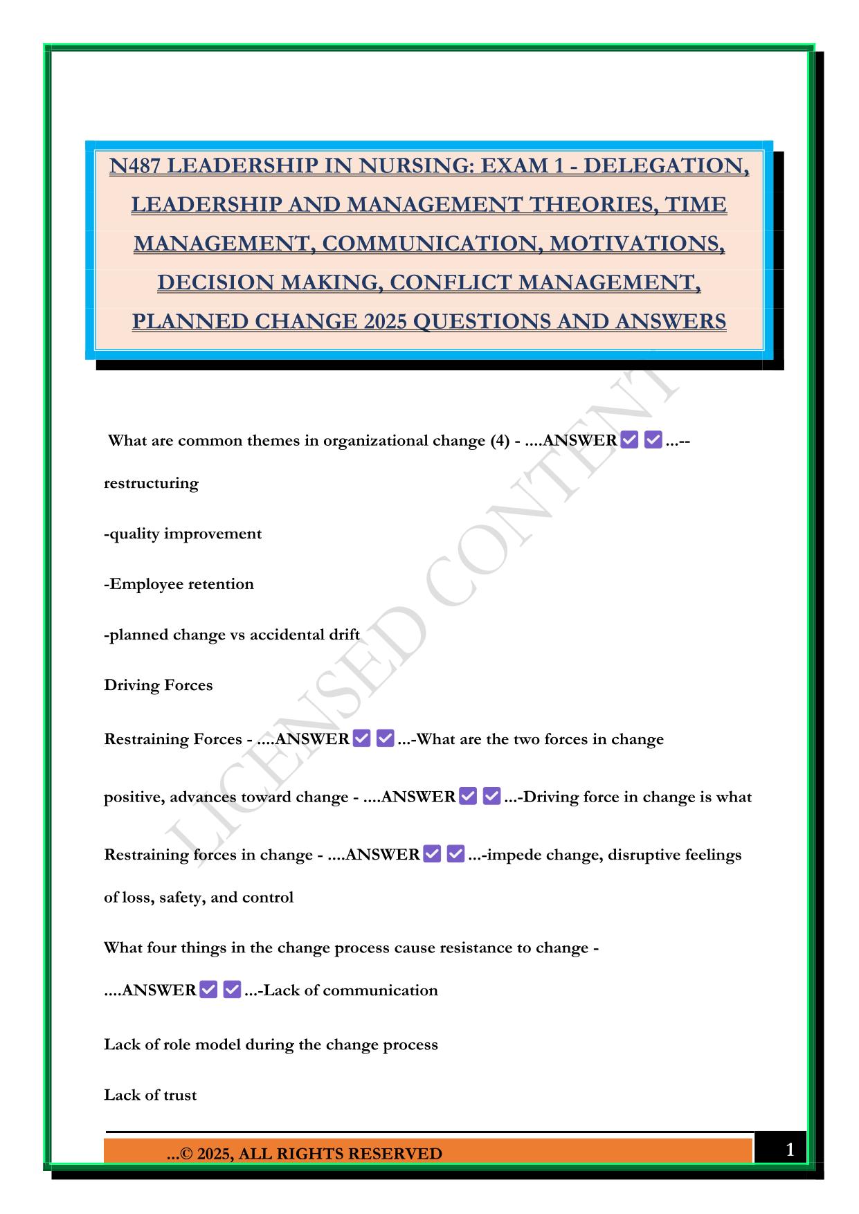 N487 LEADERSHIP IN NURSING: EXAM 1 - DELEGATION, LEADERSHIP AND MANAGEMENT THEORIES, TIME MANAGEMENT, COMMUNICATION, MOTIVATIONS, DECISION MAKING, CONFLICT MANAGEMENT, PLANNED CHANGE 2025 QUESTIONS AND ANSWERS