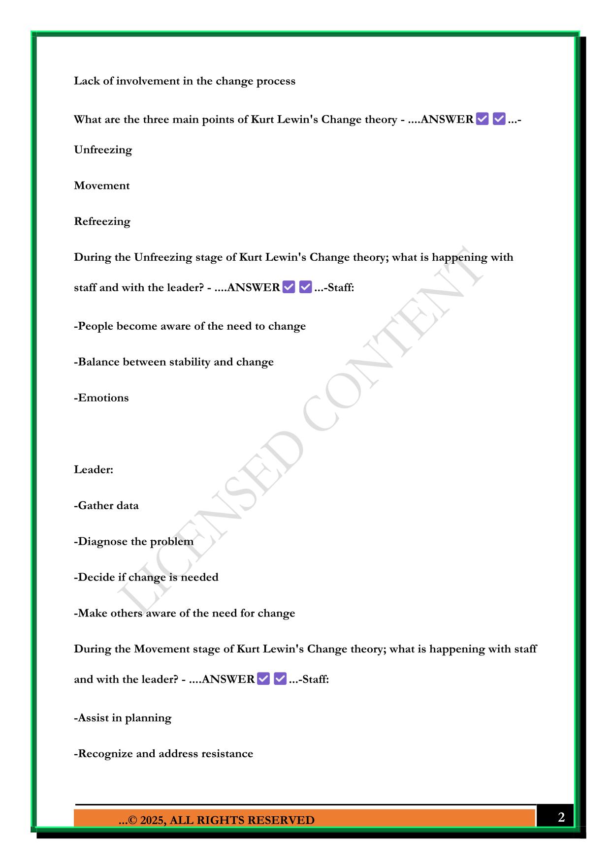 N487 LEADERSHIP IN NURSING: EXAM 1 - DELEGATION, LEADERSHIP AND MANAGEMENT THEORIES, TIME MANAGEMENT, COMMUNICATION, MOTIVATIONS, DECISION MAKING, CONFLICT MANAGEMENT, PLANNED CHANGE 2025 QUESTIONS AND ANSWERS