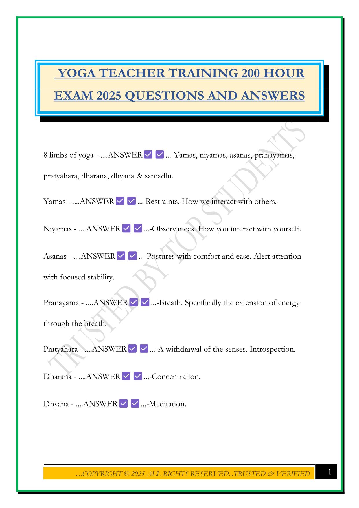 YOGA TEACHER TRAINING 200 HOUR EXAM 2025 QUESTIONS AND ANSWERS