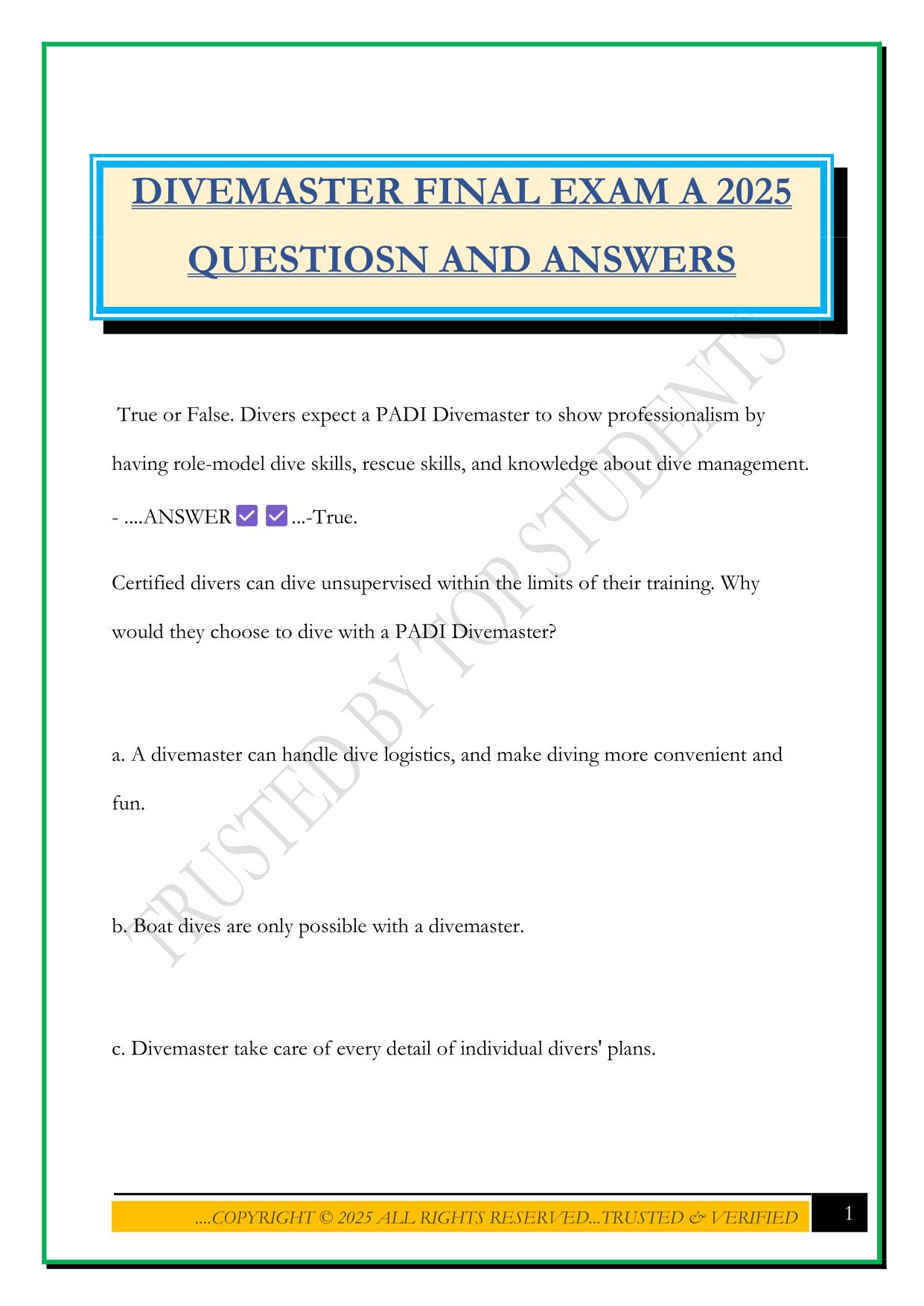 DIVEMASTER FINAL EXAM A 2025 QUESTIOSN AND ANSWERS