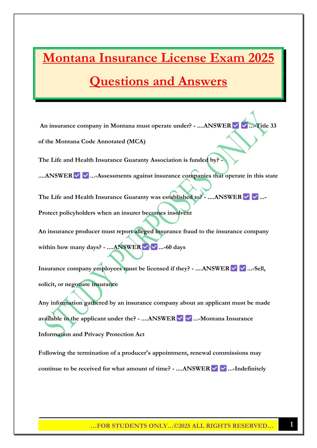 Montana Insurance License Exam 2025 Questions and Answers