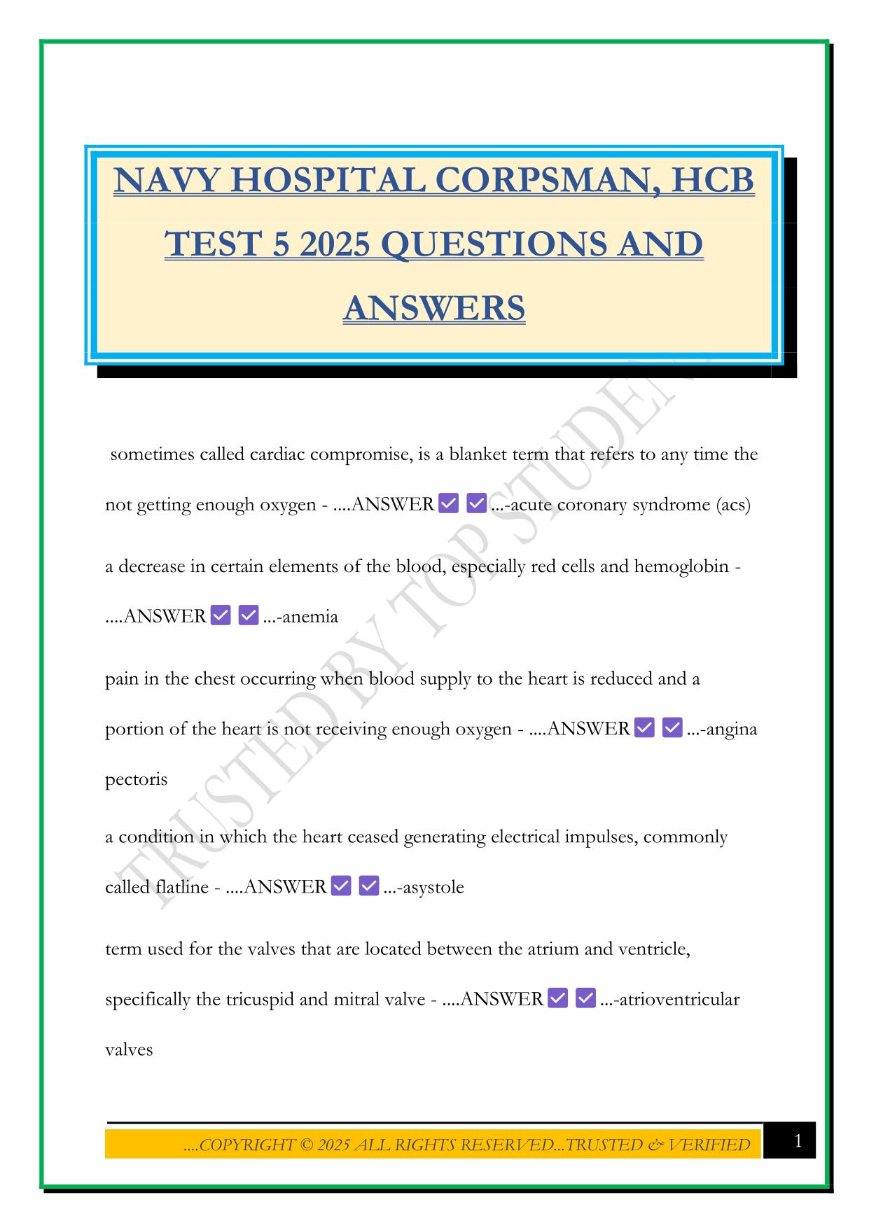 NAVY HOSPITAL CORPSMAN, HCB TEST 5 2025 QUESTIONS AND ANSWERS