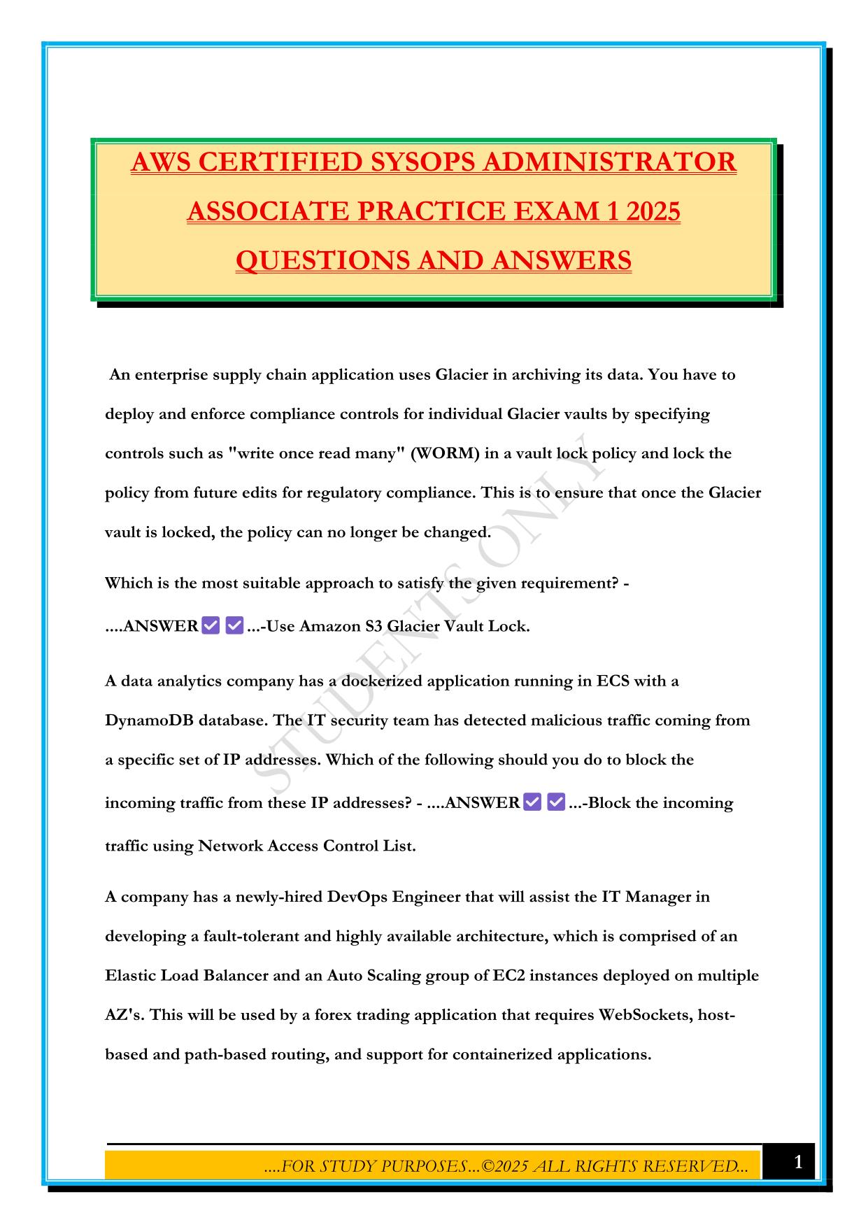 AWS CERTIFIED SYSOPS ADMINISTRATOR ASSOCIATE PRACTICE EXAM 1 2025 QUESTIONS AND ANSWERS