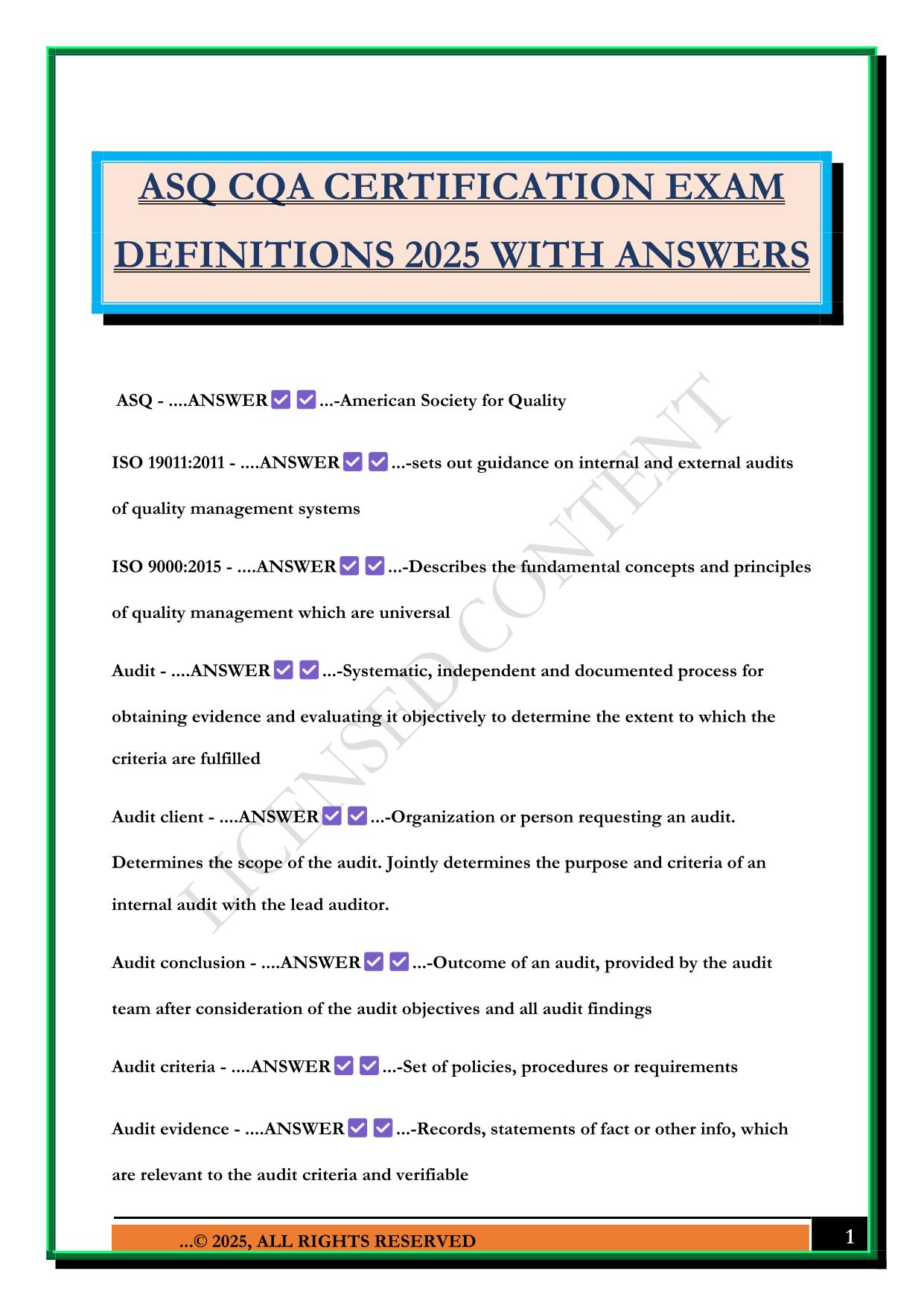 ASQ CQA CERTIFICATION EXAM DEFINITIONS 2025 WITH ANSWERS