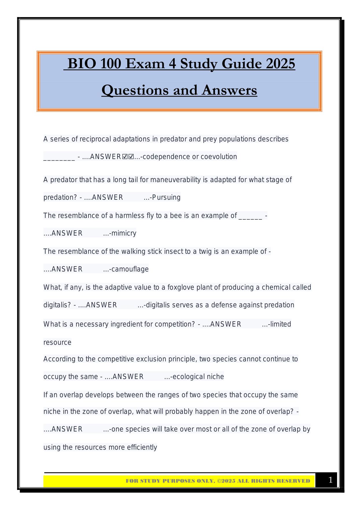 BIO 100 Exam 4 Study Guide 2025 Questions and Answers