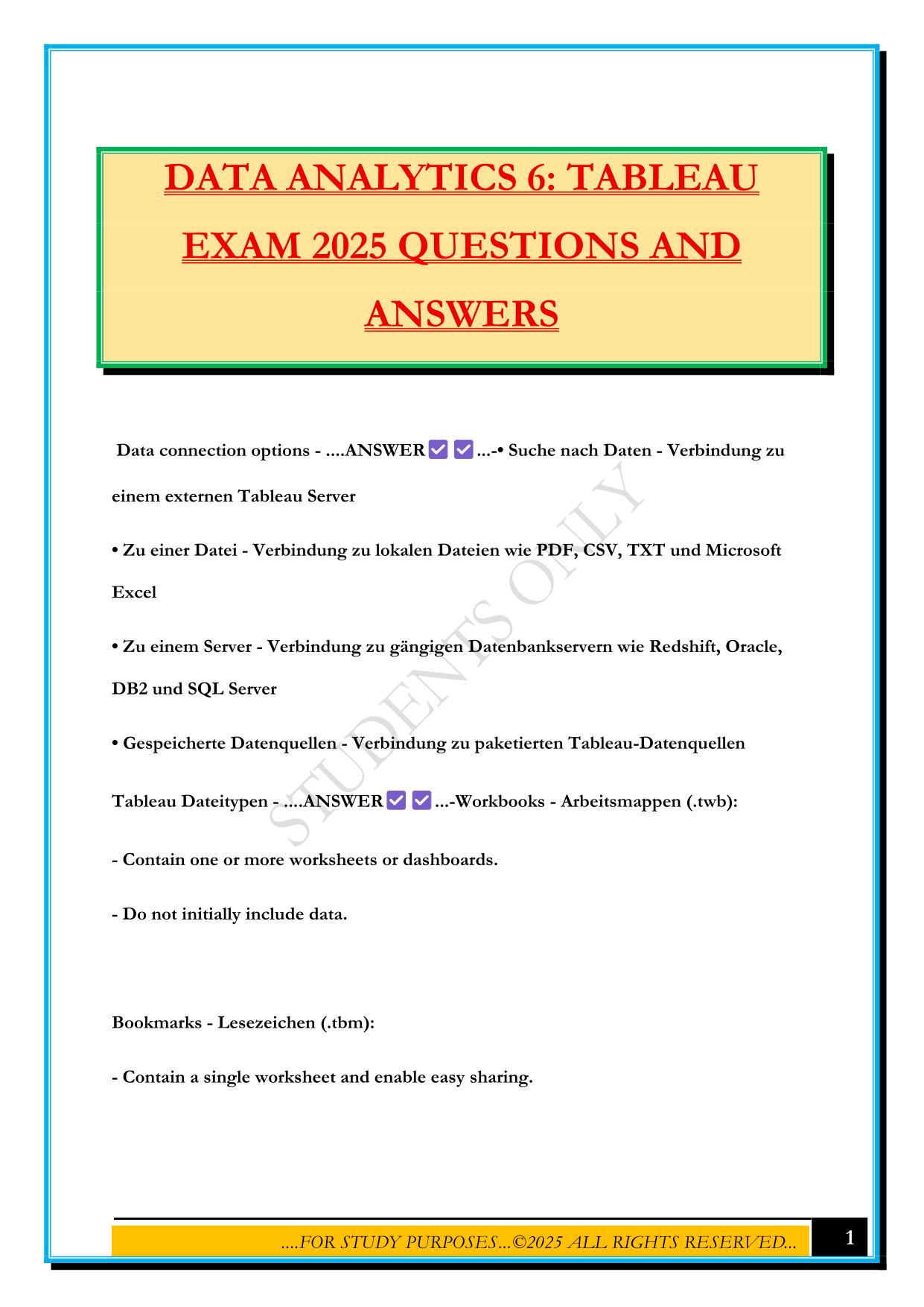 DATA ANALYTICS 6: TABLEAU EXAM 2025 QUESTIONS AND ANSWERS