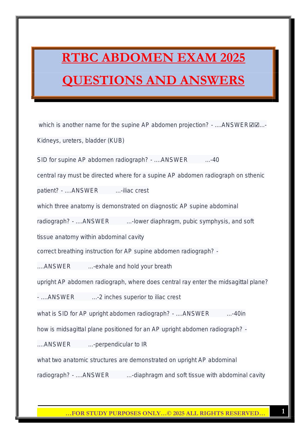 RTBC ABDOMEN EXAM 2025 QUESTIONS AND ANSWERS