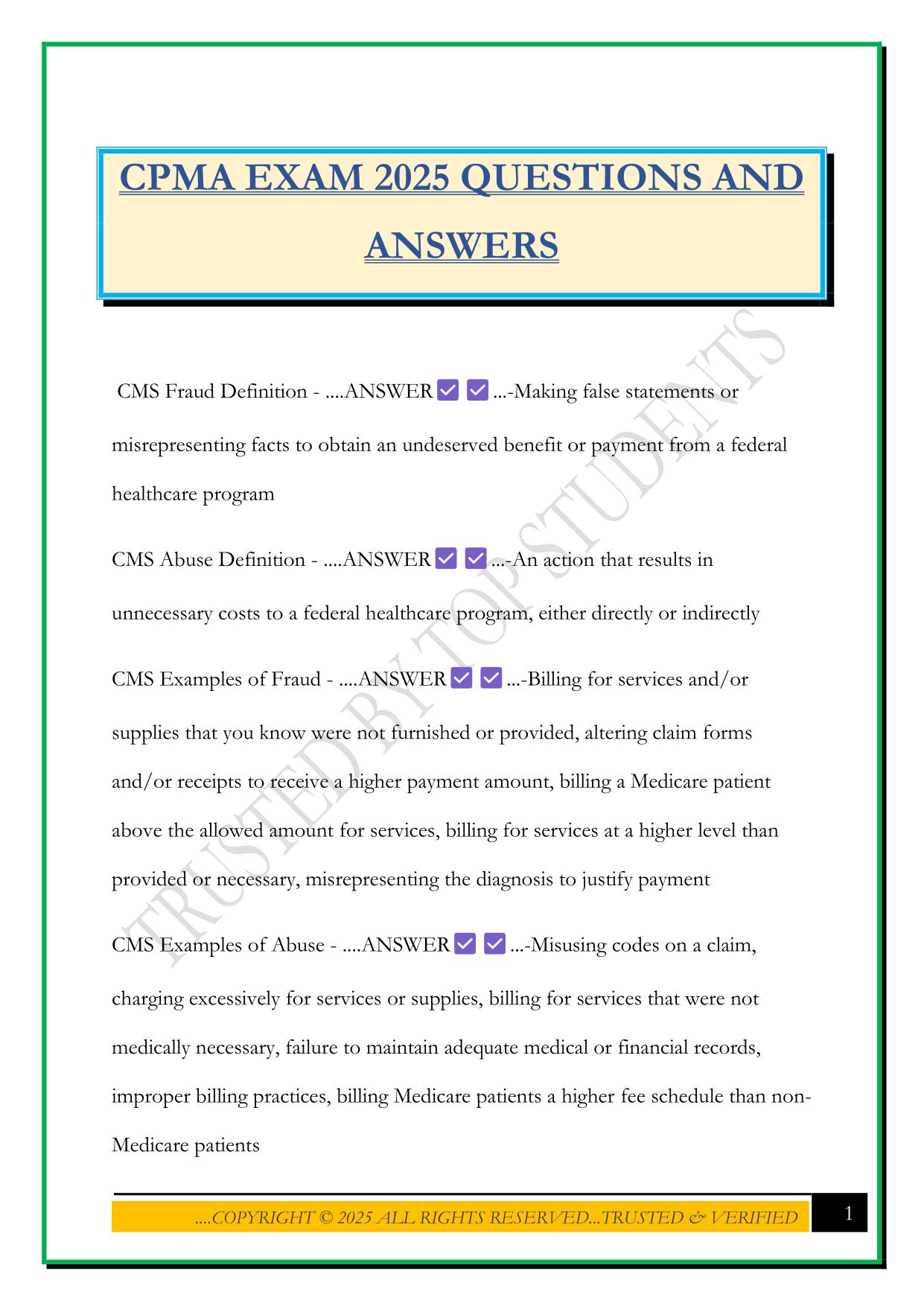 CPMA EXAM 2025 QUESTIONS AND ANSWERS