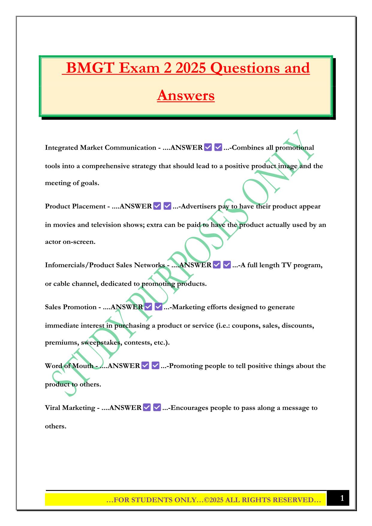 BMGT Exam 2 2025 Questions and Answers