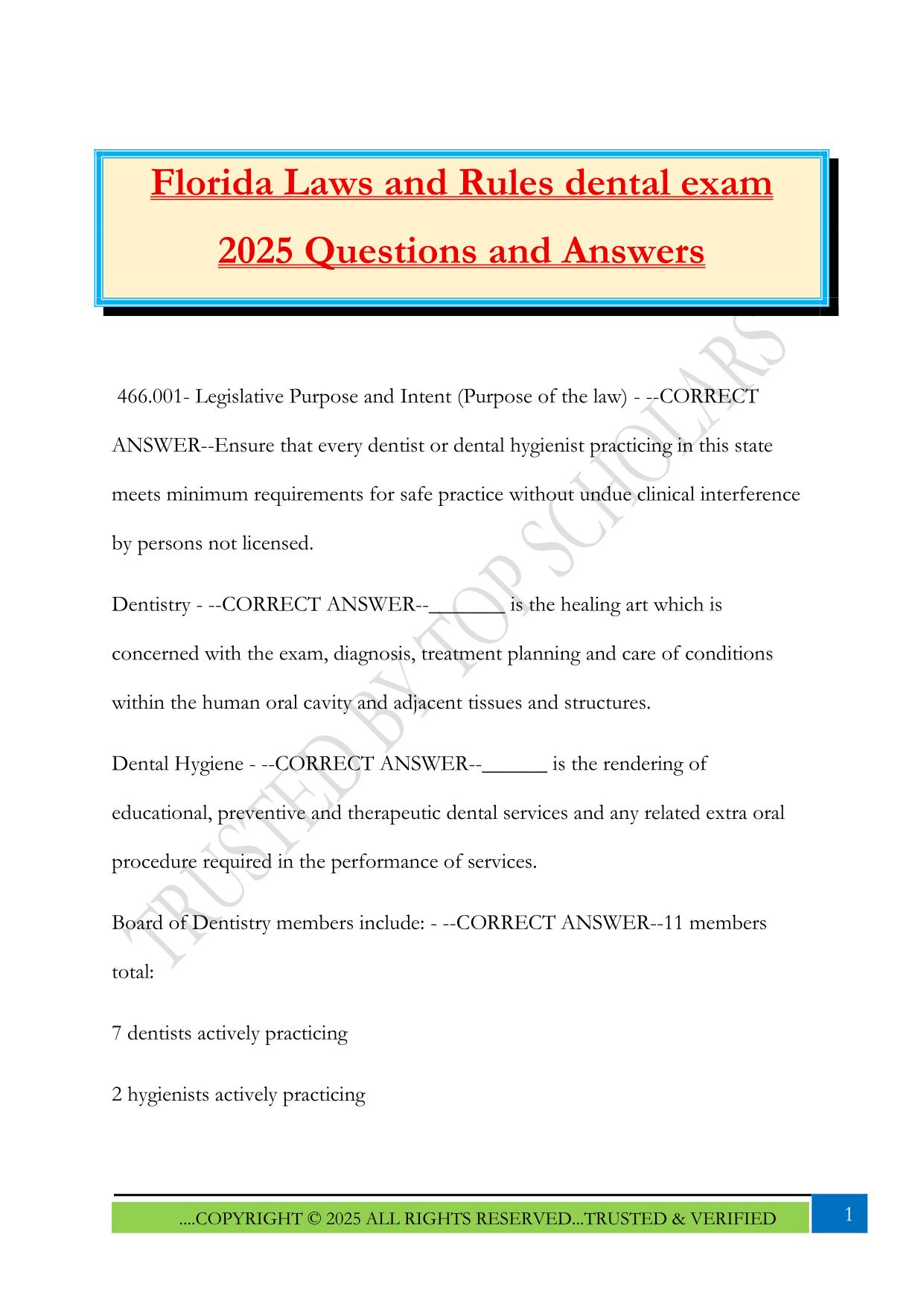 Florida Laws and Rules dental exam 2025 Questions and Answers