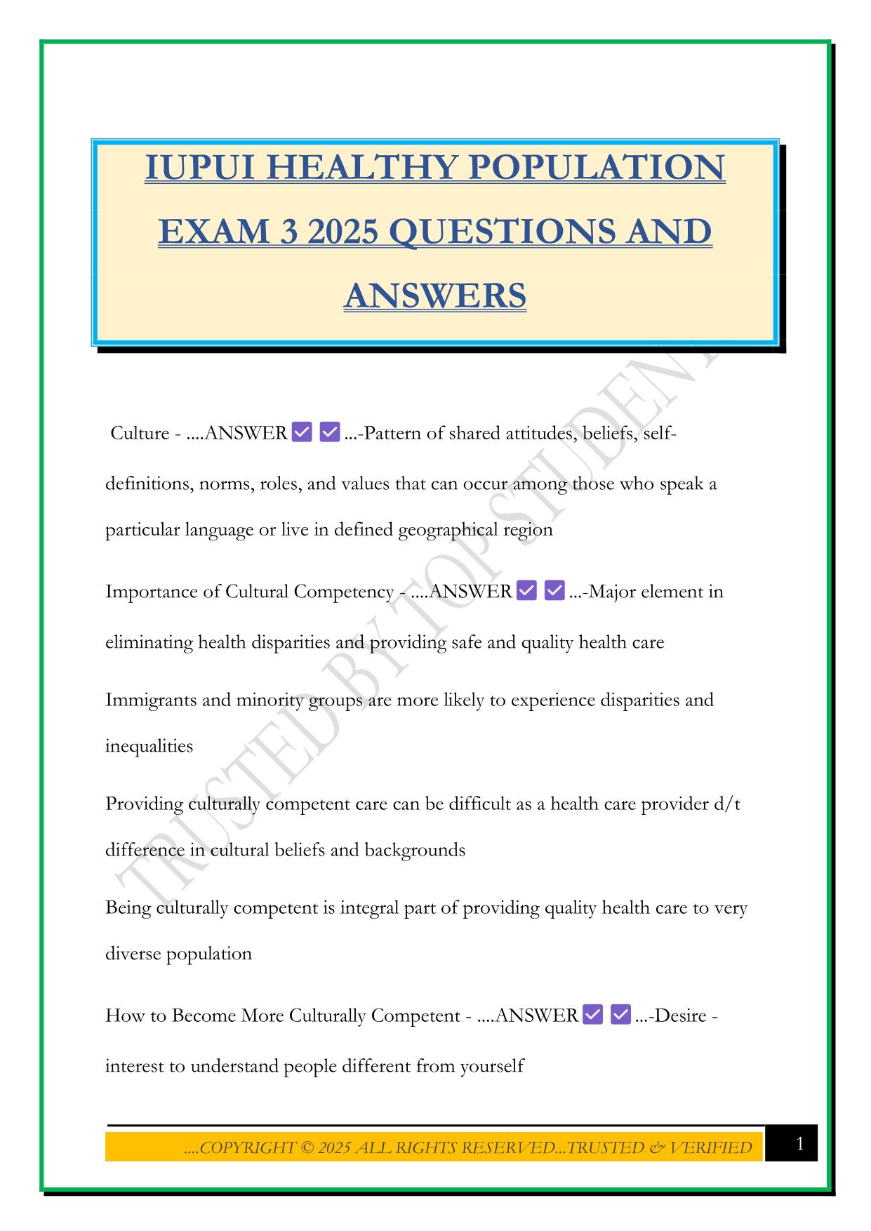 IUPUI HEALTHY POPULATION EXAM 3 2025 QUESTIONS AND ANSWERS