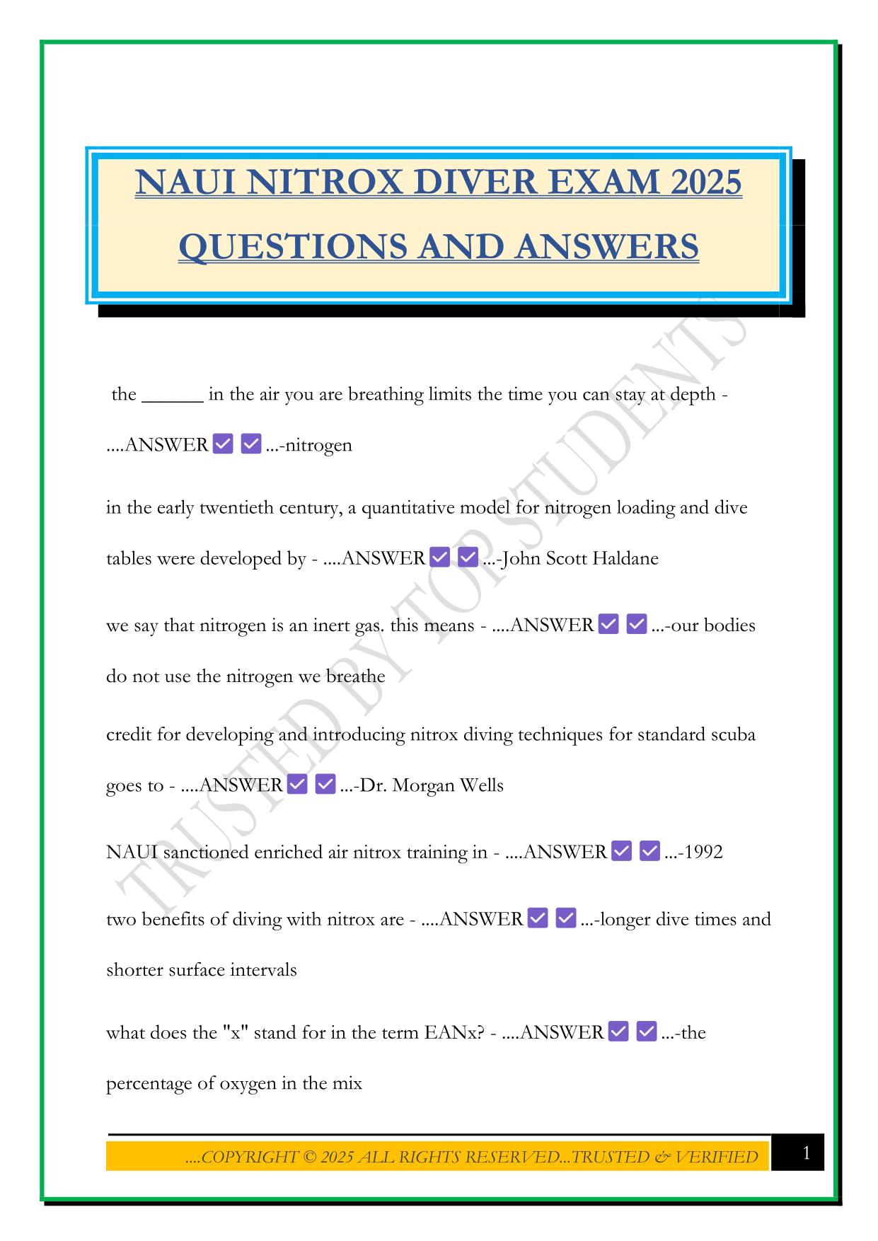 NAUI NITROX DIVER EXAM 2025 QUESTIONS AND ANSWERS