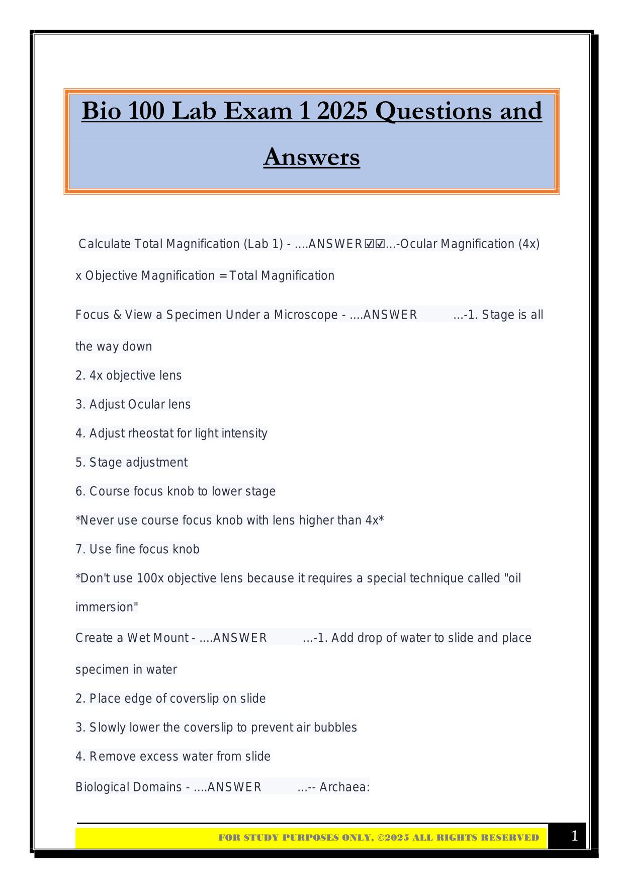 Bio 100 Lab Exam 1 2025 Questions and Answers