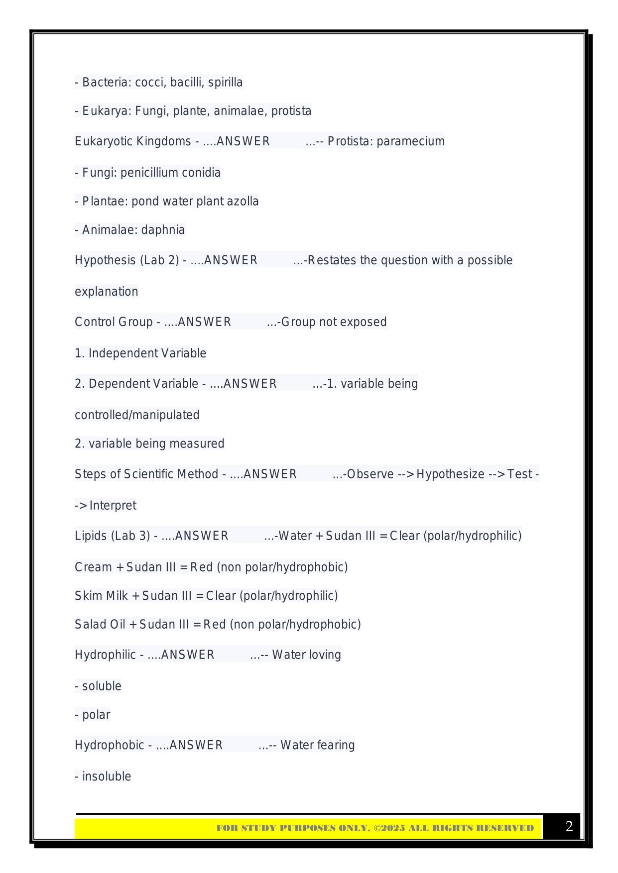 Bio 100 Lab Exam 1 2025 Questions and Answers