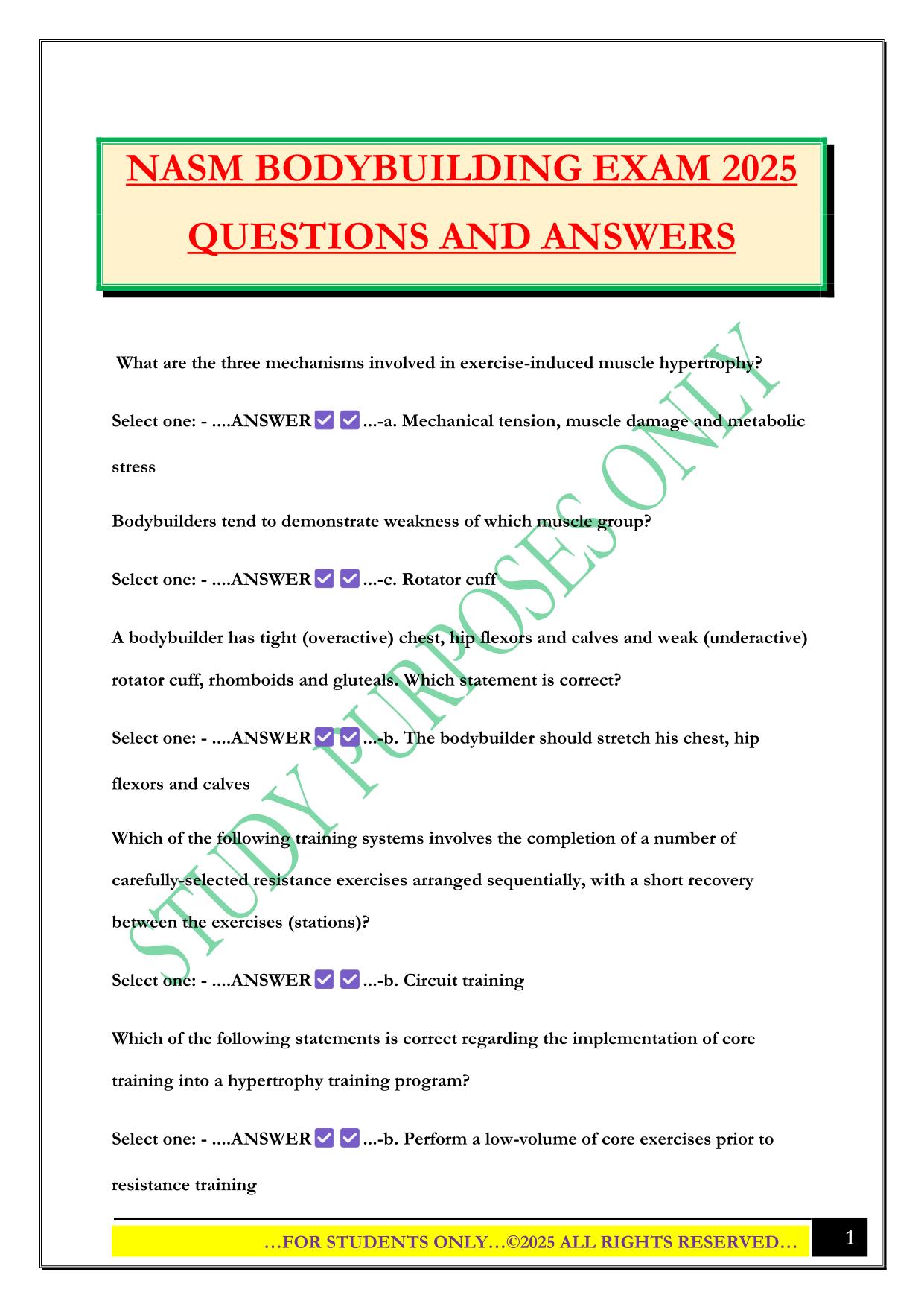NASM BODYBUILDING EXAM 2025 QUESTIONS AND ANSWERS