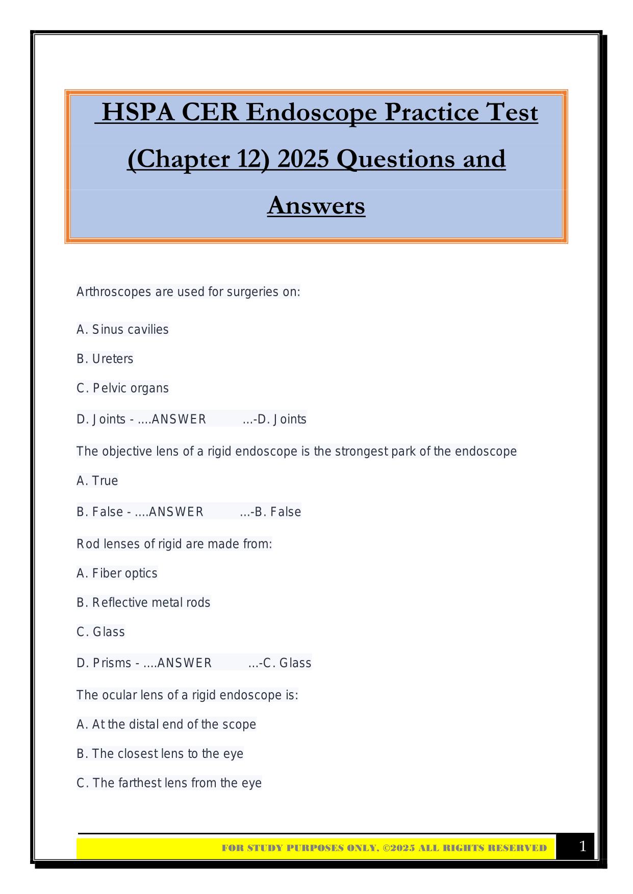 HSPA CER Endoscope Practice Test (Chapter 12) 2025 Questions and Answers