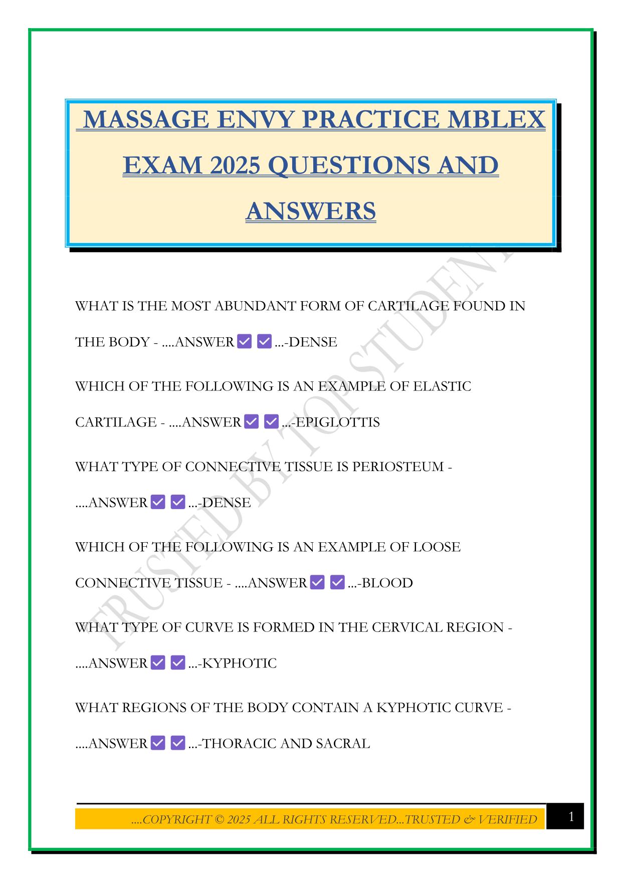 MASSAGE ENVY PRACTICE MBLEX EXAM 2025 QUESTIONS AND ANSWERS