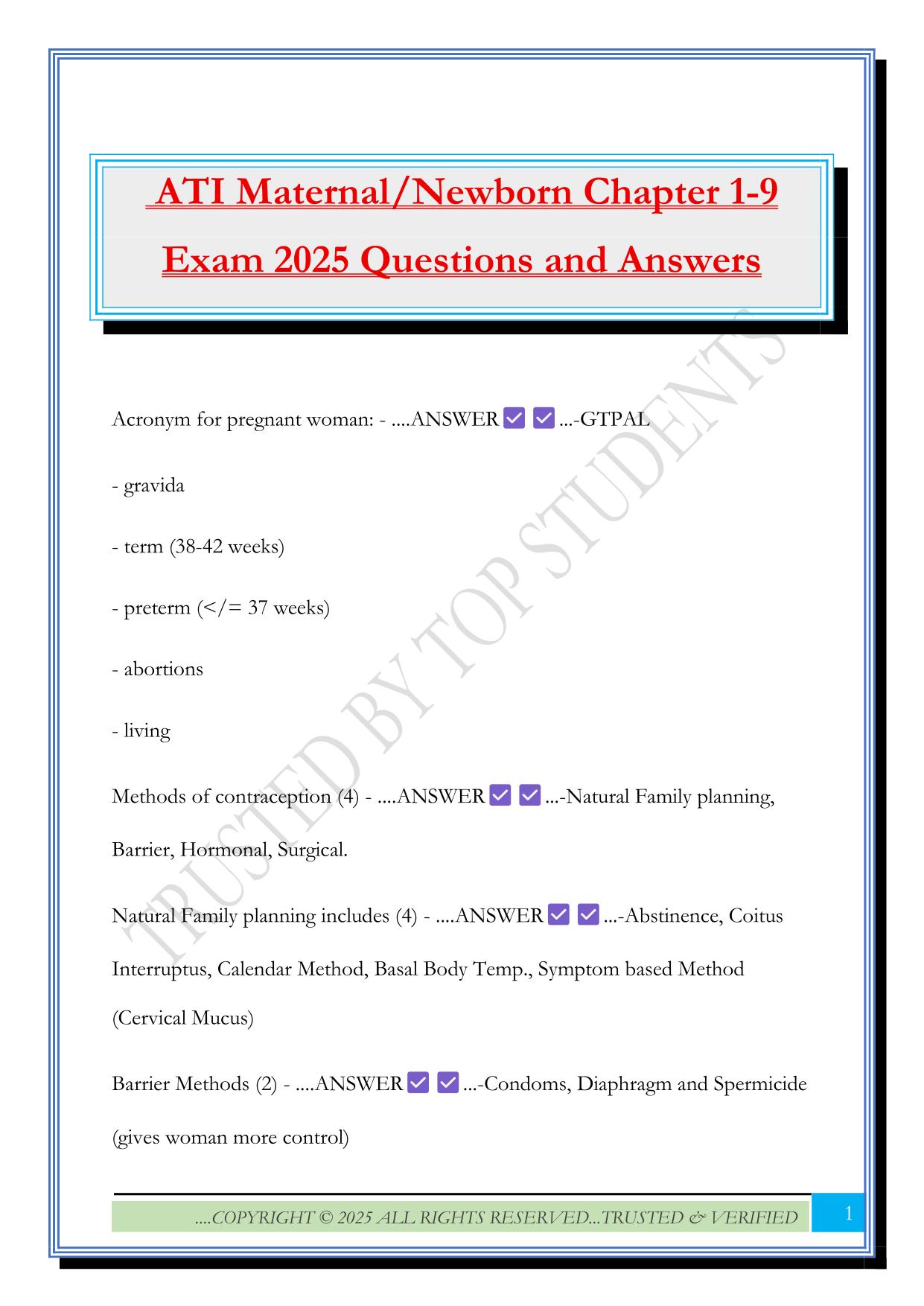 ATI Maternal/Newborn Chapter 1-9 Exam 2025 Questions and Answers