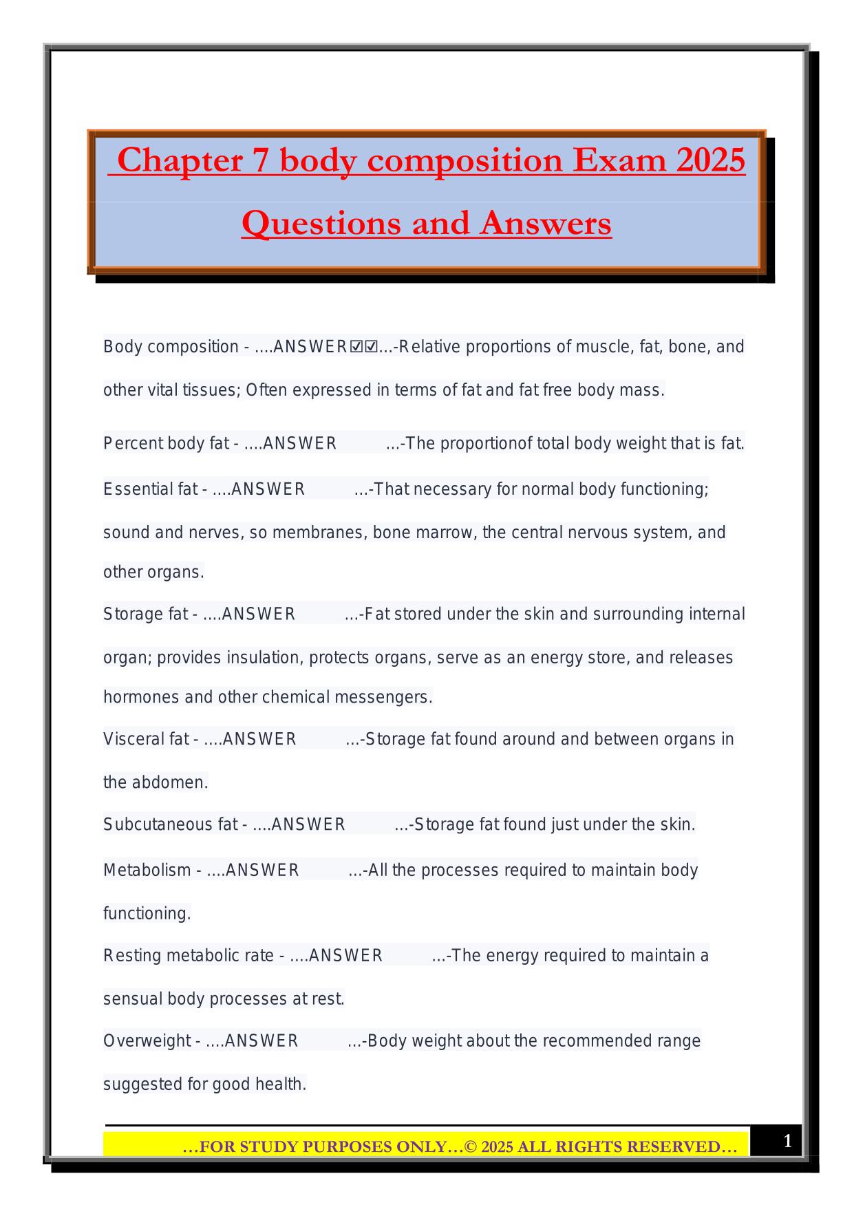 Chapter 7 body composition Exam 2025 Questions and Answers