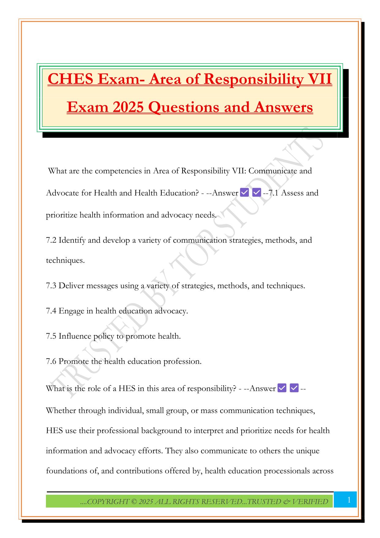 CHES Exam- Area of Responsibility VII Exam 2025 Questions and Answers